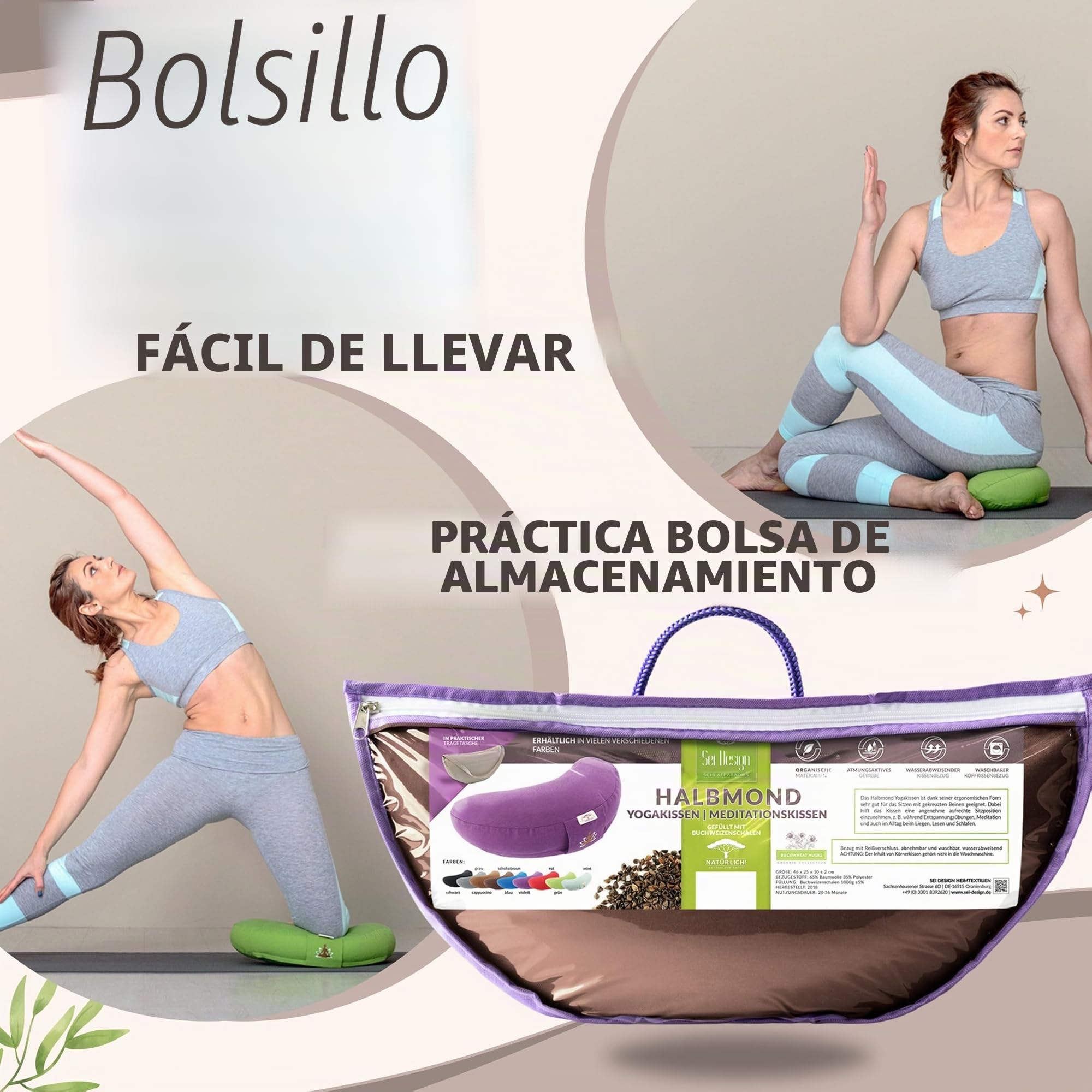 sei Design - Cojín para Yoga (Relleno de Trigo sarraceno, algodón, 46 x 25 x 10 cm), Color Morado