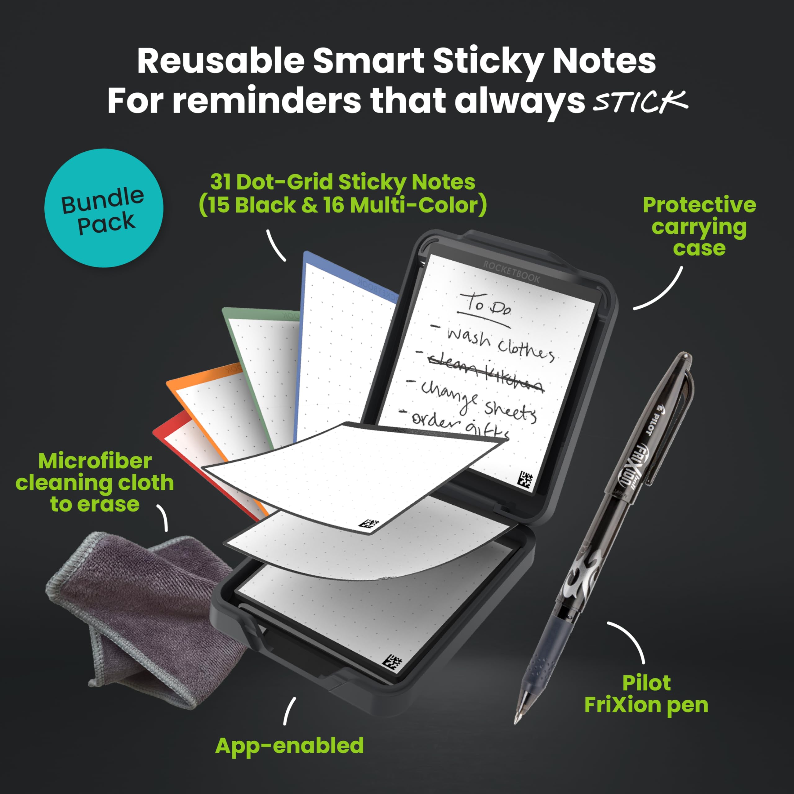 Rocketbook Foglietti adesivi riutilizzabili con custodia, penna e asciugamano inclusi, 7,6 x 7,6 cm, 31 fogli di carta punteggiata, collegati all'app, cancellabili, adesivi riutilizzabili, ideali per
