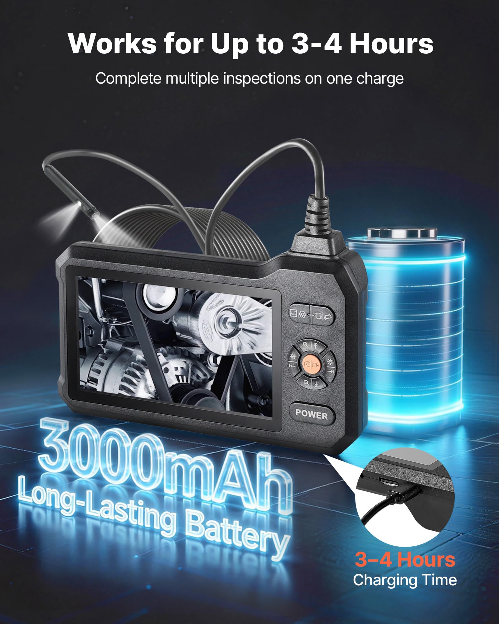 VEVOR Endoscopio de Doble Cámara, Cámara de Inspección con Pantalla IPS, Sonda de 5,5 mm, Batería 3000 mAh, Cable de 5 m, 32 GB, Luces LED, Zoom 8X para Motores, HVAC, Tuberías, Automoción, Fontanería