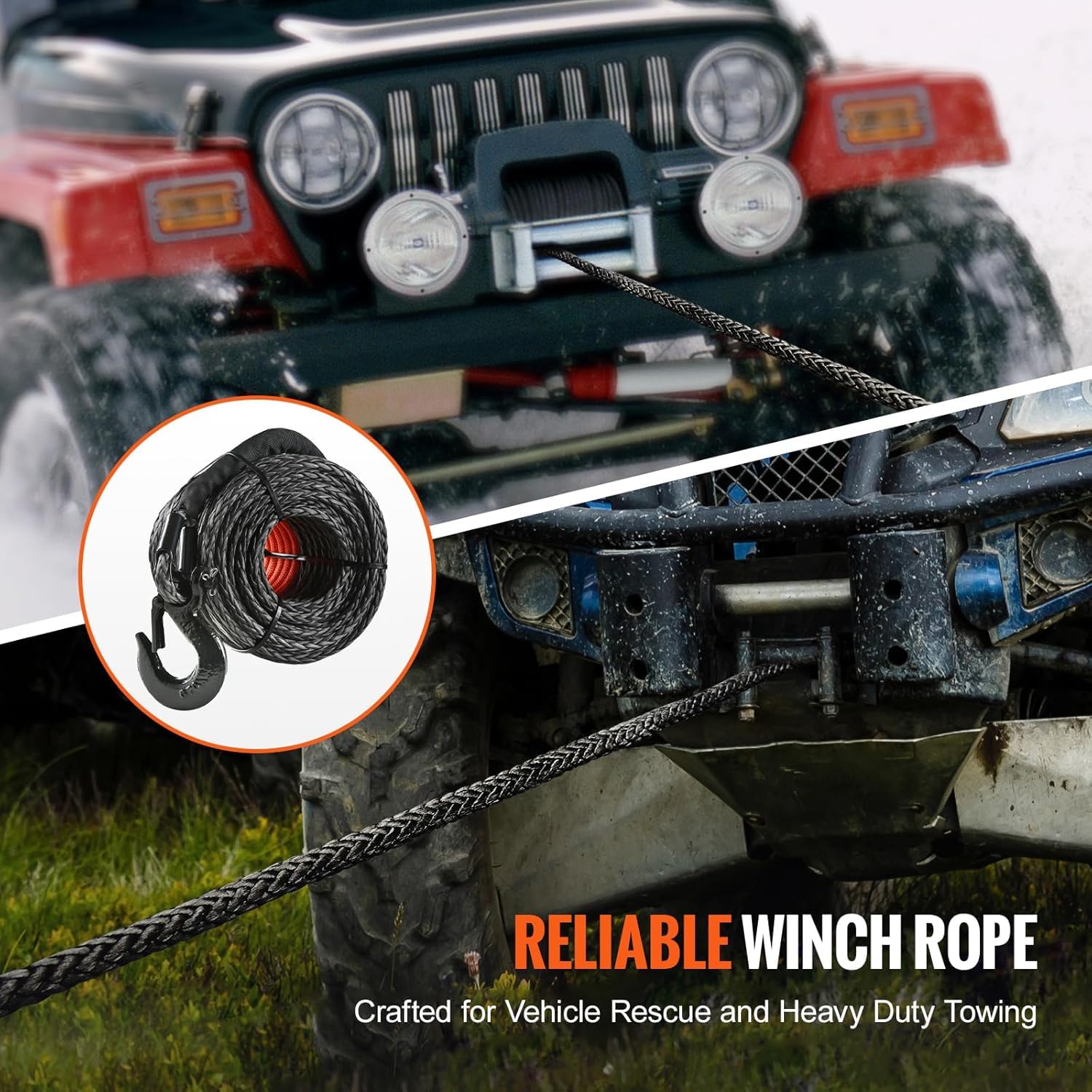 VEVOR Linka wyciągarki 9,5 mm x 30,5 m Kabel syntetyczny o wytrzymałości 117,9 kN z tuleją ochronną, hakem wyciągarki, pasem trakcyjnym do SUV-ów i dużych pojazdów terenowych