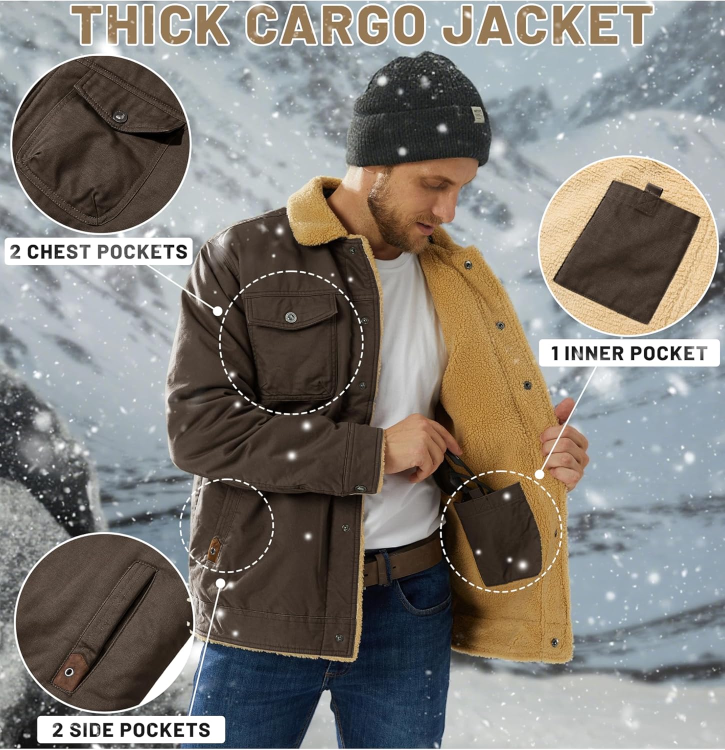 TACVASEN Men's Winter Jacket Sherpa Fleece Lined Cargo Coat Warm Thick Trucker Jacket with Multi Pockets - Image 5