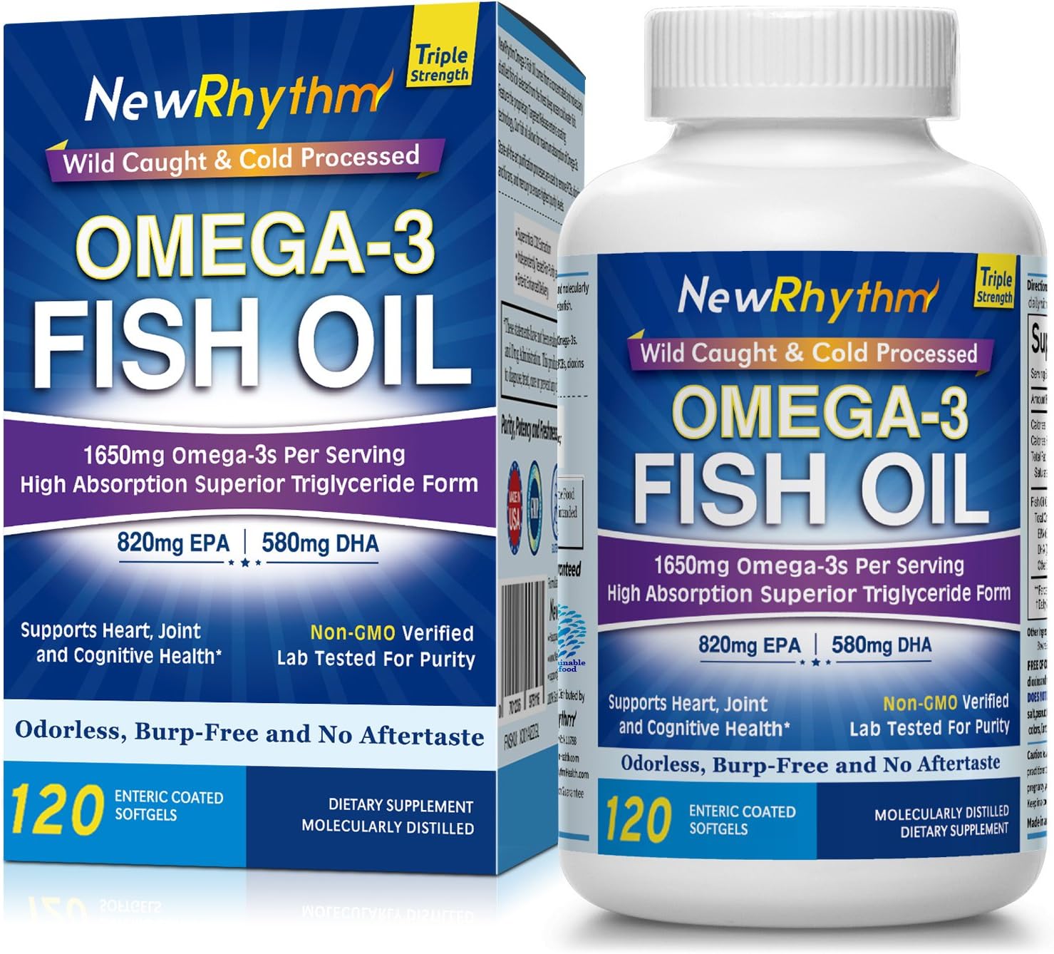 NewRhythm Triple Strength Omega 3 Fish Oil, 1650mg Omega3s, 120 Enteric Coated Softgels, 2500mg Fish Oil Per Serving