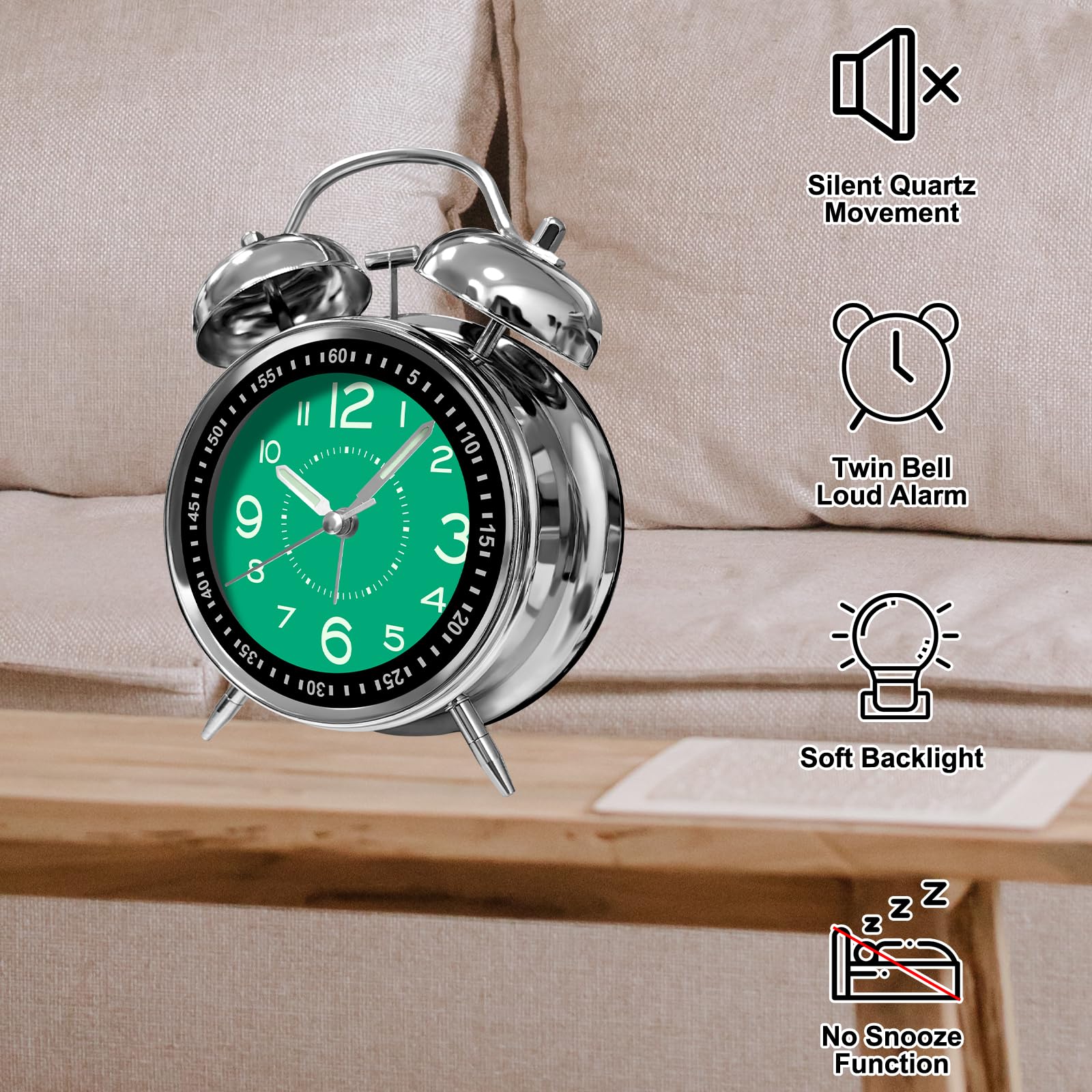 ALEENFOON 4 Inch Metal Double Bell Alarm Clock, Retro Vintage Desk Table Bedside Silent Quartz Alarm Clock For Heavy Sleepers Kids Home Bedroom Travel School Battery Powered With Light