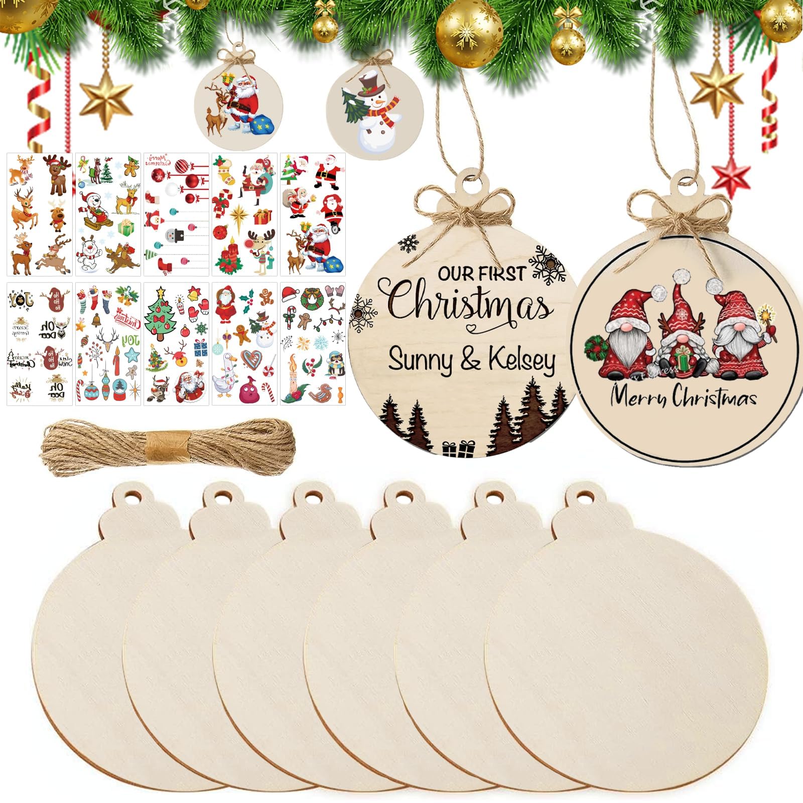 Adornos de madera para manualidades, 100 discos de madera y 10 pegatinas, círculos sin terminar, adornos de árbol de Navidad, discos preperforados para Navidad, decoraciones de pintura colgantes (6