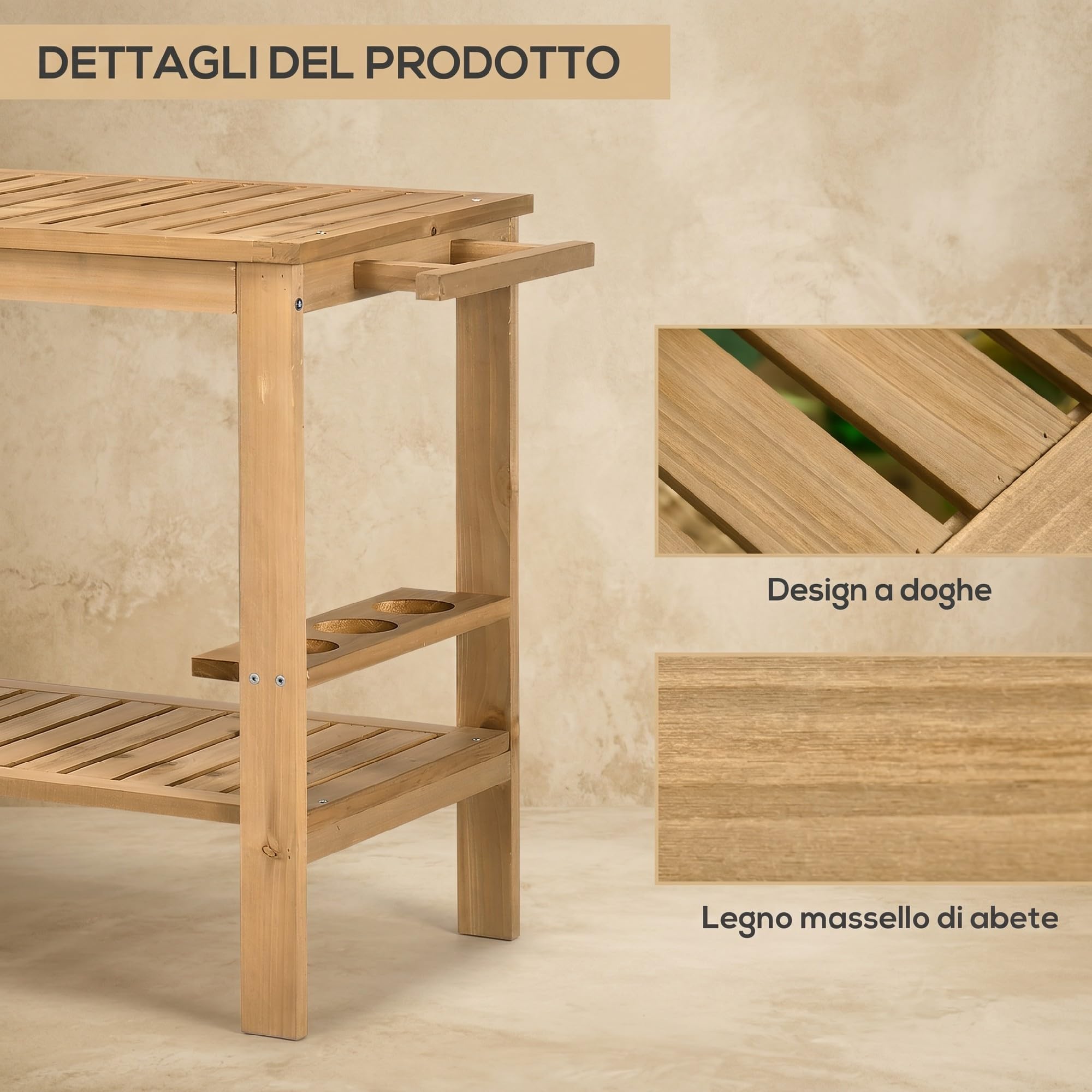 Outsunny Carrello Portavivande da Giardino, Carrellino 95x47x74 cm Legno | Legno di Abete, 2 Ripiani a Doghe, Carrello di Servizio, 3 Portabottiglie e Maniglia, per Patio Terrazza