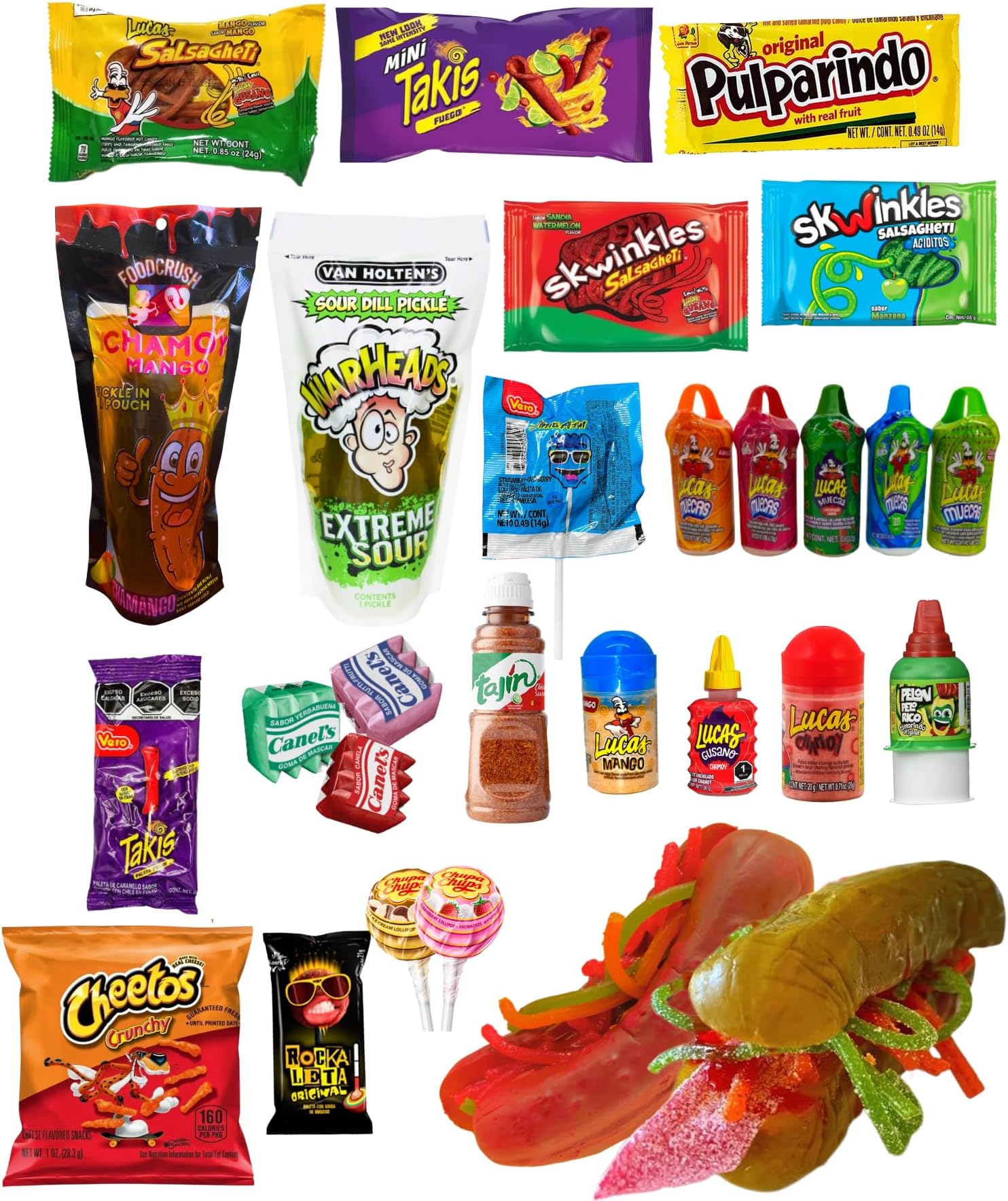 Chamoy Pickle Kit Mexican Candy Gift Box: Choose Your Own Candy, Write Your Own Gift Message. Sweet & sour variety pack-chamoy, mango, lollipops. Perfect Birthday Day or Christmas gift for kids.