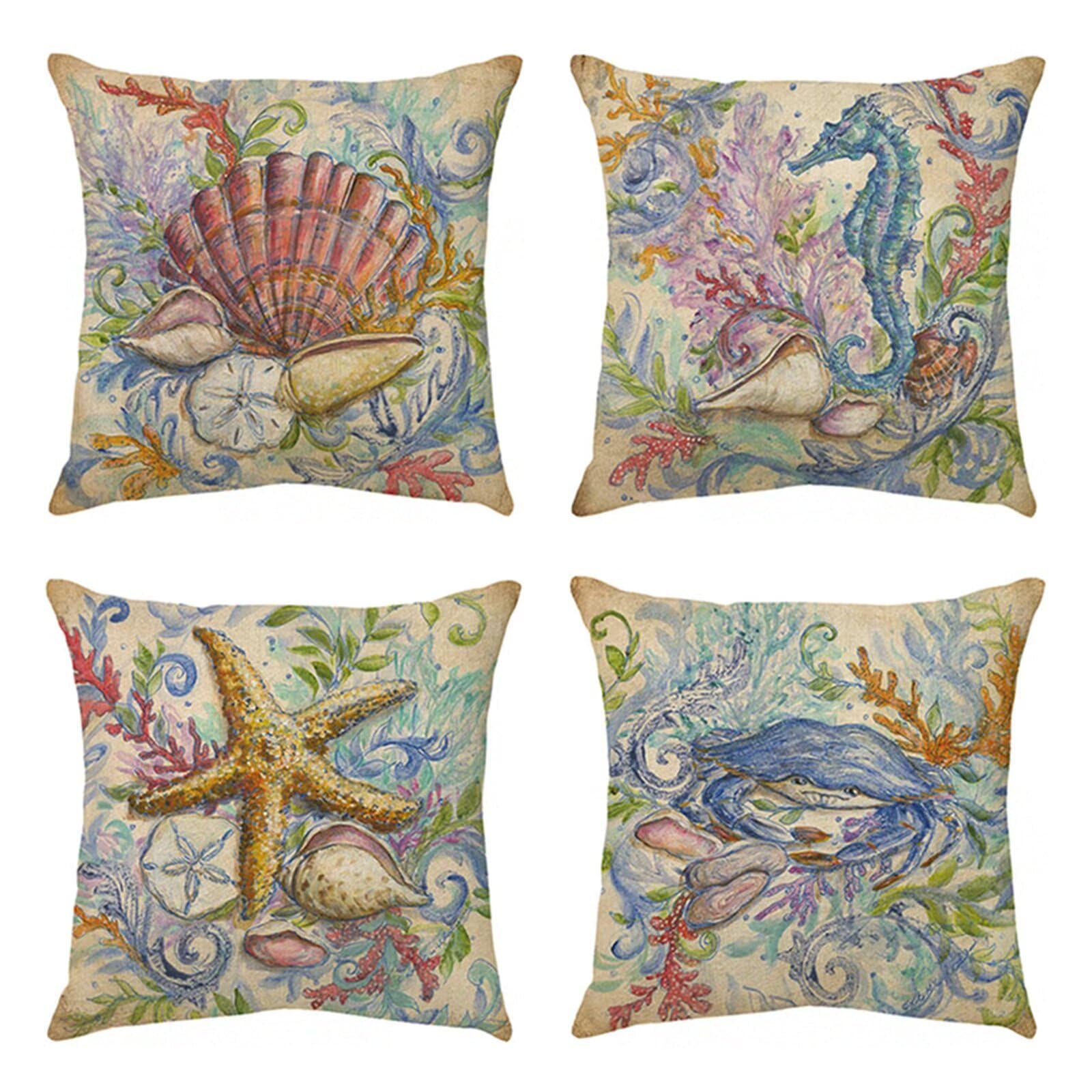 Juego de 4 Impermeable Funda de Cojín Vida Marina,65x65cm Moderno Suave Transpirables Lino Fundas de Almohada Cojines Decorativos con Cremallera Oculta para Exterior Sofá Cama Coche Hogar