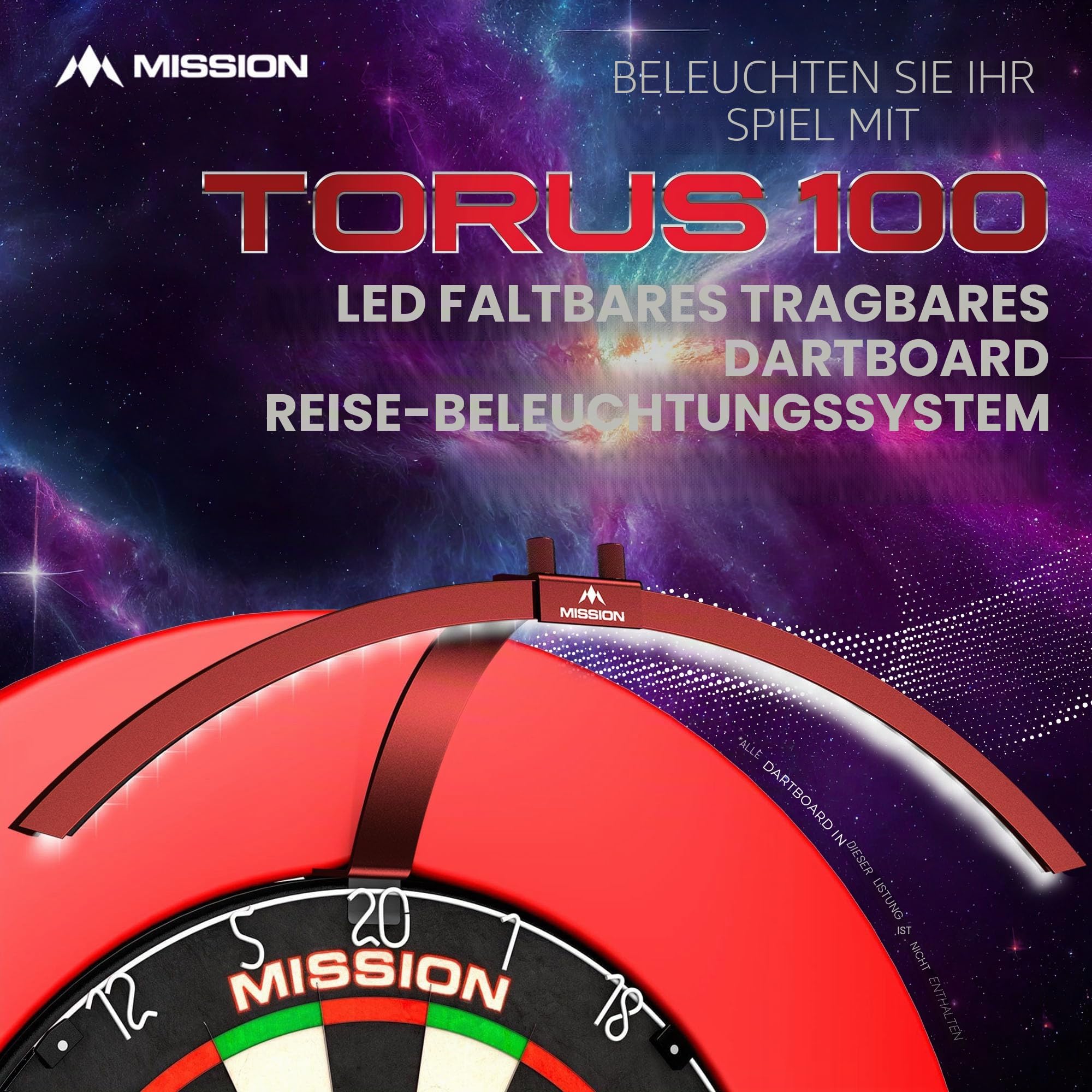 Mission Darts TOR100 Torus 100 | Dartscheibe LED klappbar tragbar Dartscheibe Reise Beleuchtungssystem