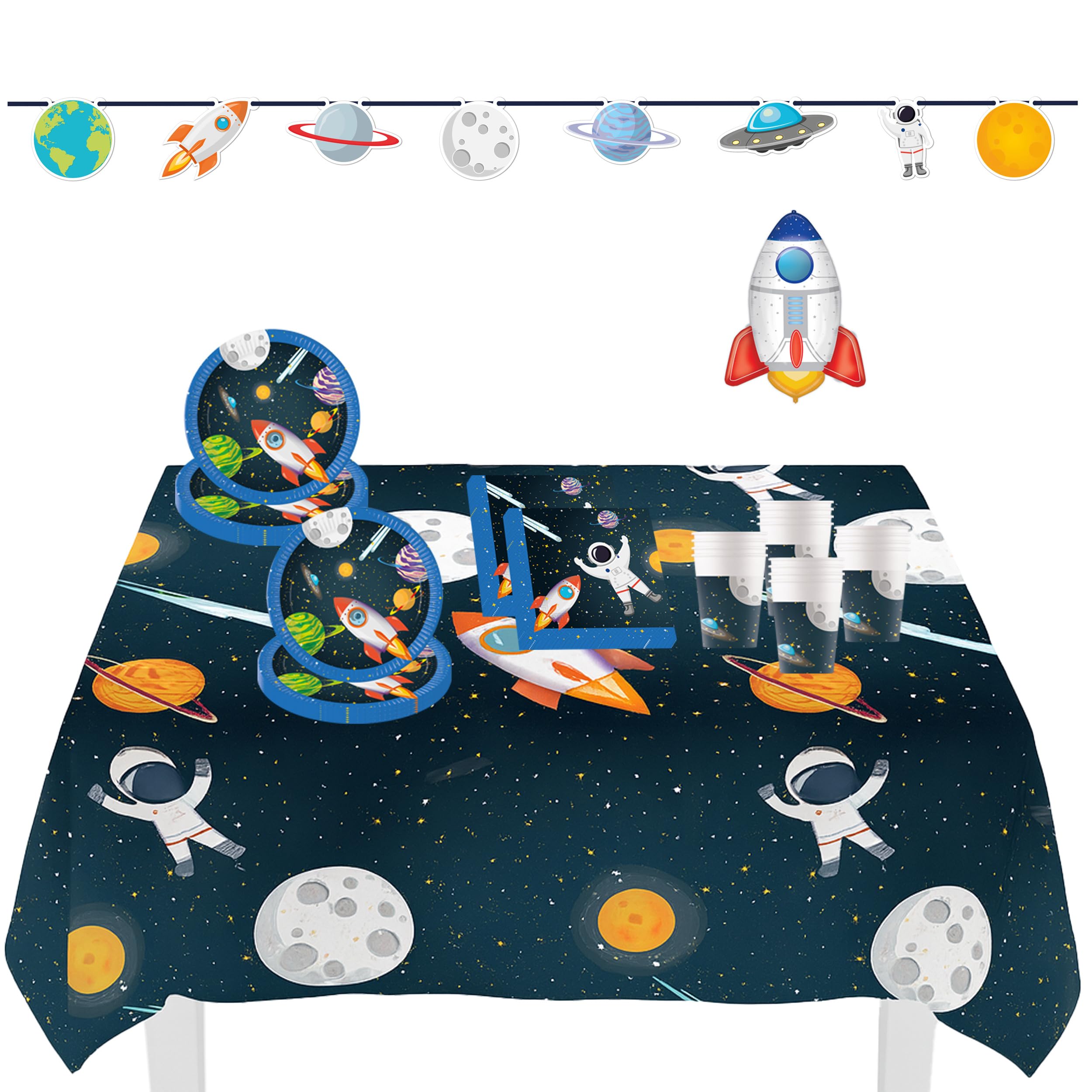 Procos DY 10273857 Rocket Space Party Set, Large, Plates, Napkins, Cups, Banner, Tablecloth, Foil Balloon, Table Decoration, Birthday Decoration