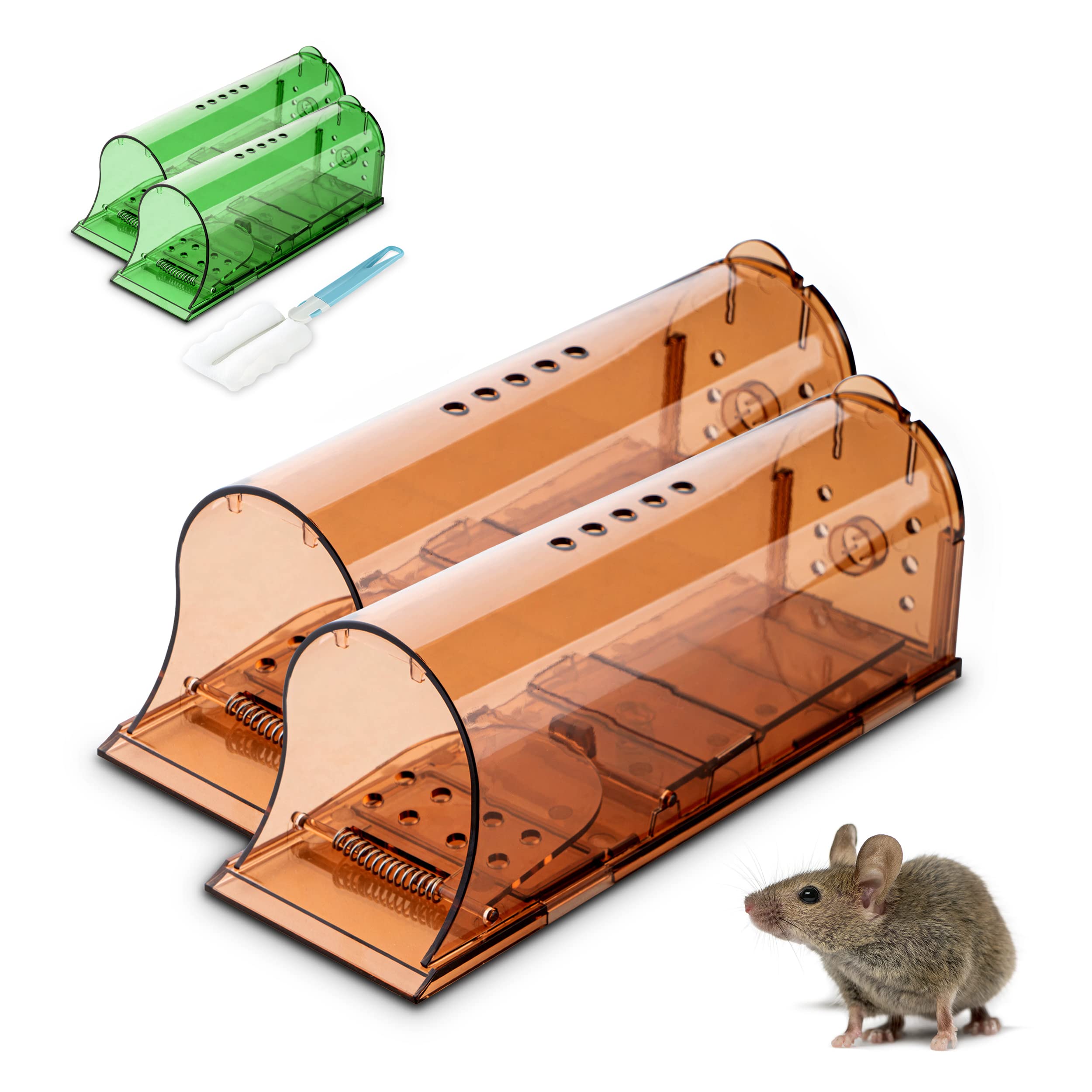 CAONA LLC Humane Mouse Trap - Set of 4 Humane Mouse Traps Indoor for Home [2X Green, 2X Brown] - Animal Friendly Live Mouse Trap -Mouse Traps - Set Includes a Cleaning Stick
