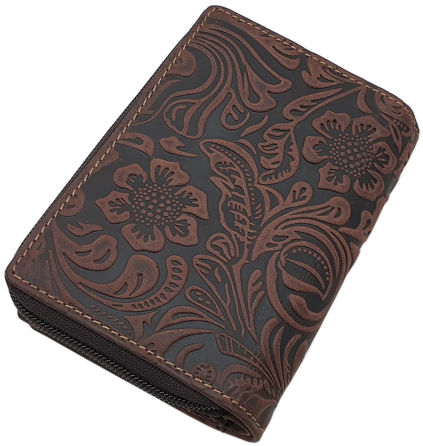 myledershop Cartera de piel de búfalo para mujer, formato vertical, con cierre exterior con estampado de lianas y protección RFID y NFC, marrón, Einheitsgröße, Moderno