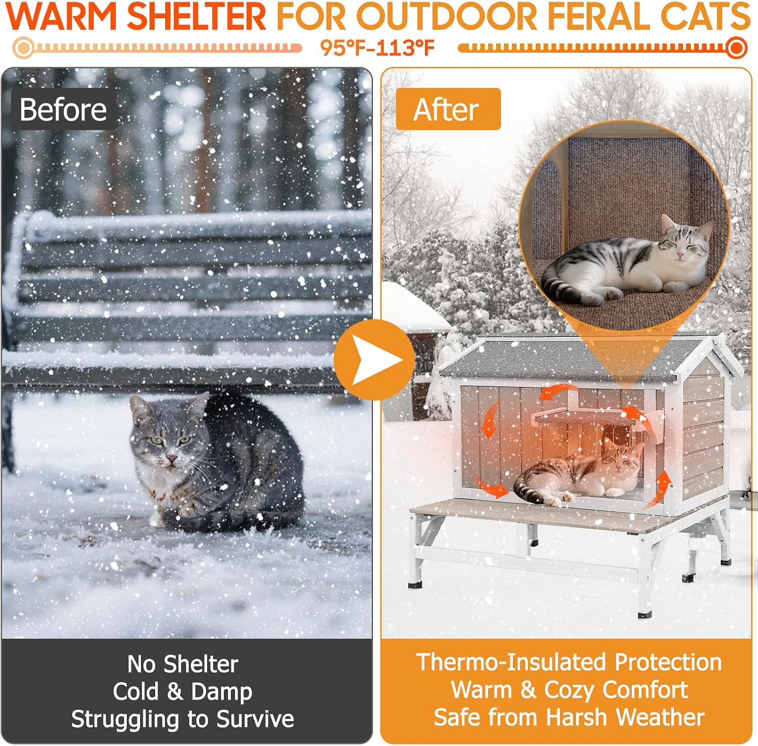 PetsCosset Insulated Cat House Outdoor with Balcony All-Round Insulation Weatherproof Outside Feral Cat Shelter for Winter, Wooden Pet House with Raised Base and Openable Roof for Cats & Small Animals