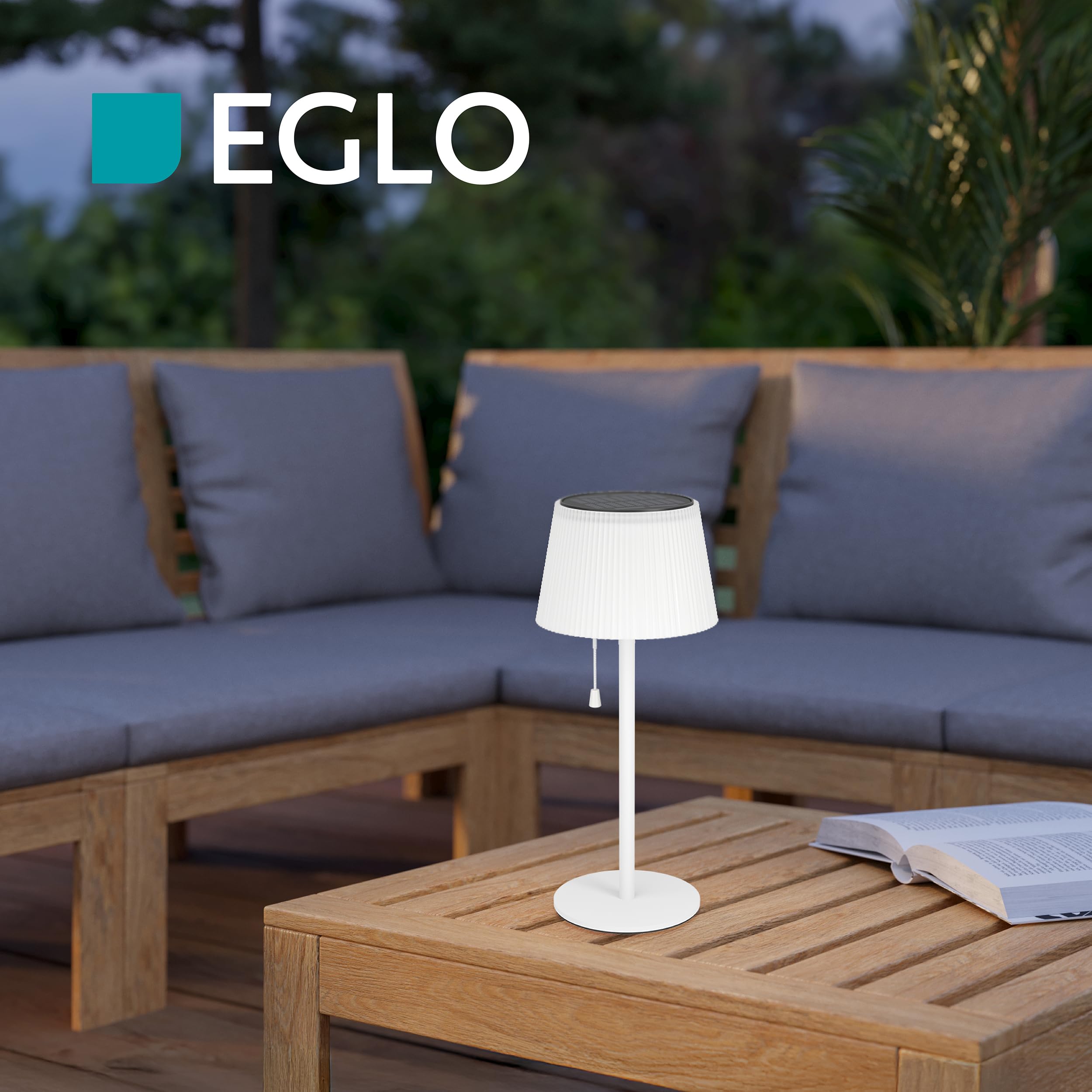 EGLO Solar Tischleuchte Scordiano, Outdoor Akku Tischlampe mit Zugschalter, kabellose Solarlampe für außen, Stahl und Kunststoff in Weiß, warmweiß - kaltweiß, IP44