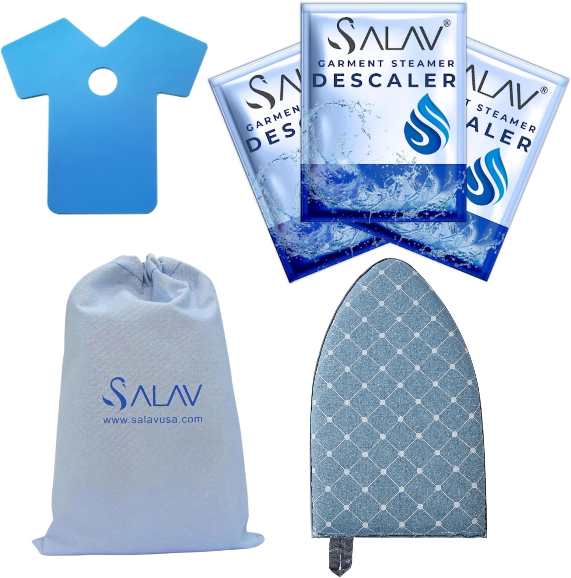 SALAV® Heavy Duty Commercial Garment Steamer Accessories Set – Includes Mini Ironing Board, Steam Mitt, 3-Piece Descaler Packets, and Storage Bag – Ideal for Professional & Home Use