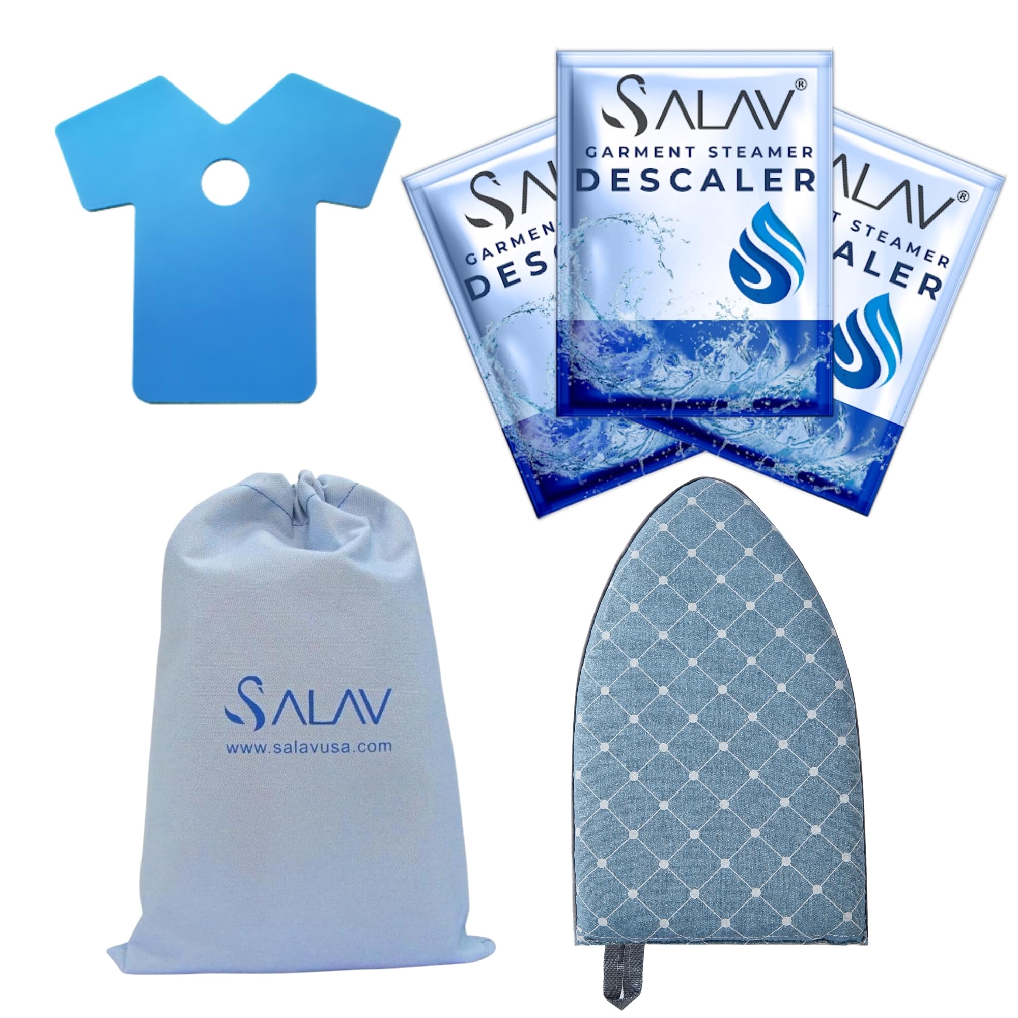 SALAV X3A Heavy Duty Commercial Full-Size Garment Steamer with Foot Pedals (ACCESSORIES SET ONLY: Mini Ironing Board, Steam Mitt, 3-pc Descaler, Storage Bag)