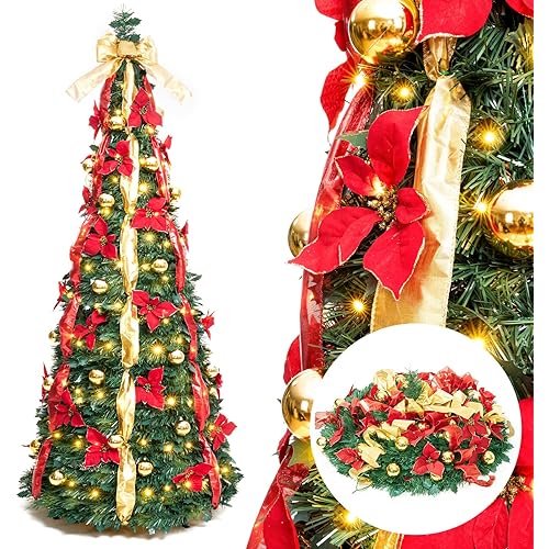 Decoway Pre Lit Pre Decorated Christmas Tree Pop Up Christmas Tree with Remote Control, with Warm White & Colorful LED Lights