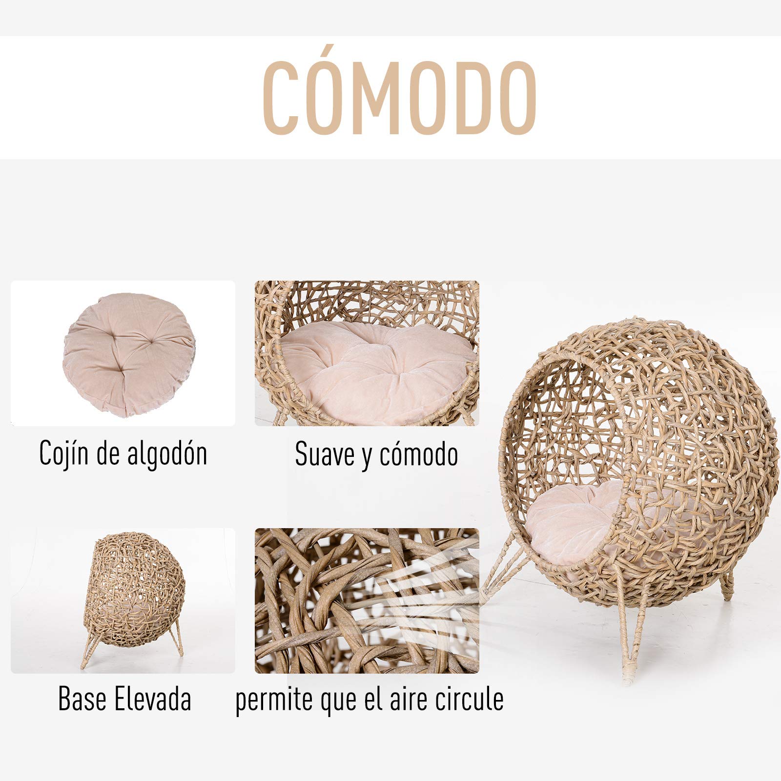 PawHut Cama Cueva de Ratán para Gatos Base Trípode Φ52x58 cm Madera Natural | Mascotas Pequeñas, Cojín de Felpa y Algodón Suave, Diseño Elevado, Estable