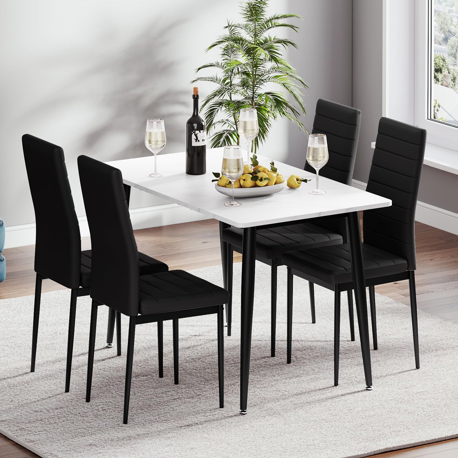 joolihome living White Dining Table and Chairs Set 4, 120 CM Dining Table Set for 4 with Marble Effect Table and Faux Leather High Back Dining Chairs, Table Chairs Set 4 for Kitchen and Dining Room
