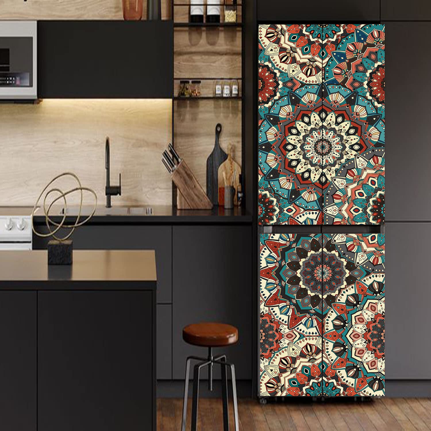 Alwayspon Self-Adhesive Vinyl Refrigerator Wrap, Peel and Stick Refrigerator Mural Wallpaper Removable, Geometric Green Gold Fluid Marble Effect Fridge Sticker Art Deco