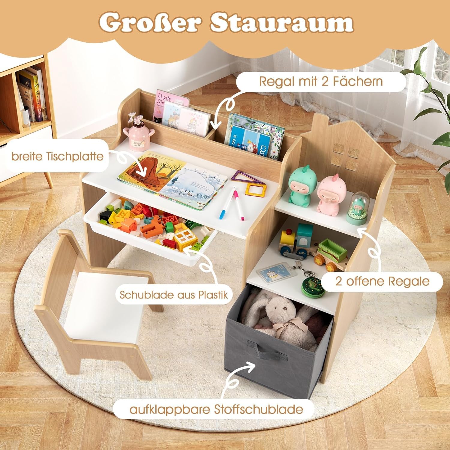 DREAMADE Schreibtisch Kinder mit Stuhl, Kinderschreibtisch mit 2 offenen Fächern & 2 offenen Regale & Schubladen, Schülerschreibtisch für Kinder ab 3 Jahren (Natur)