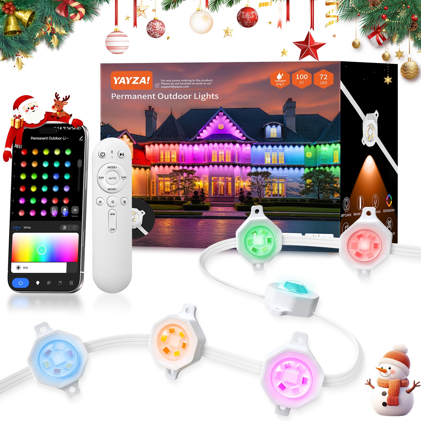 YAYZA! Permanent Outdoor Lights Pro,100ft 72 LED Smart RGB+IC+Warm