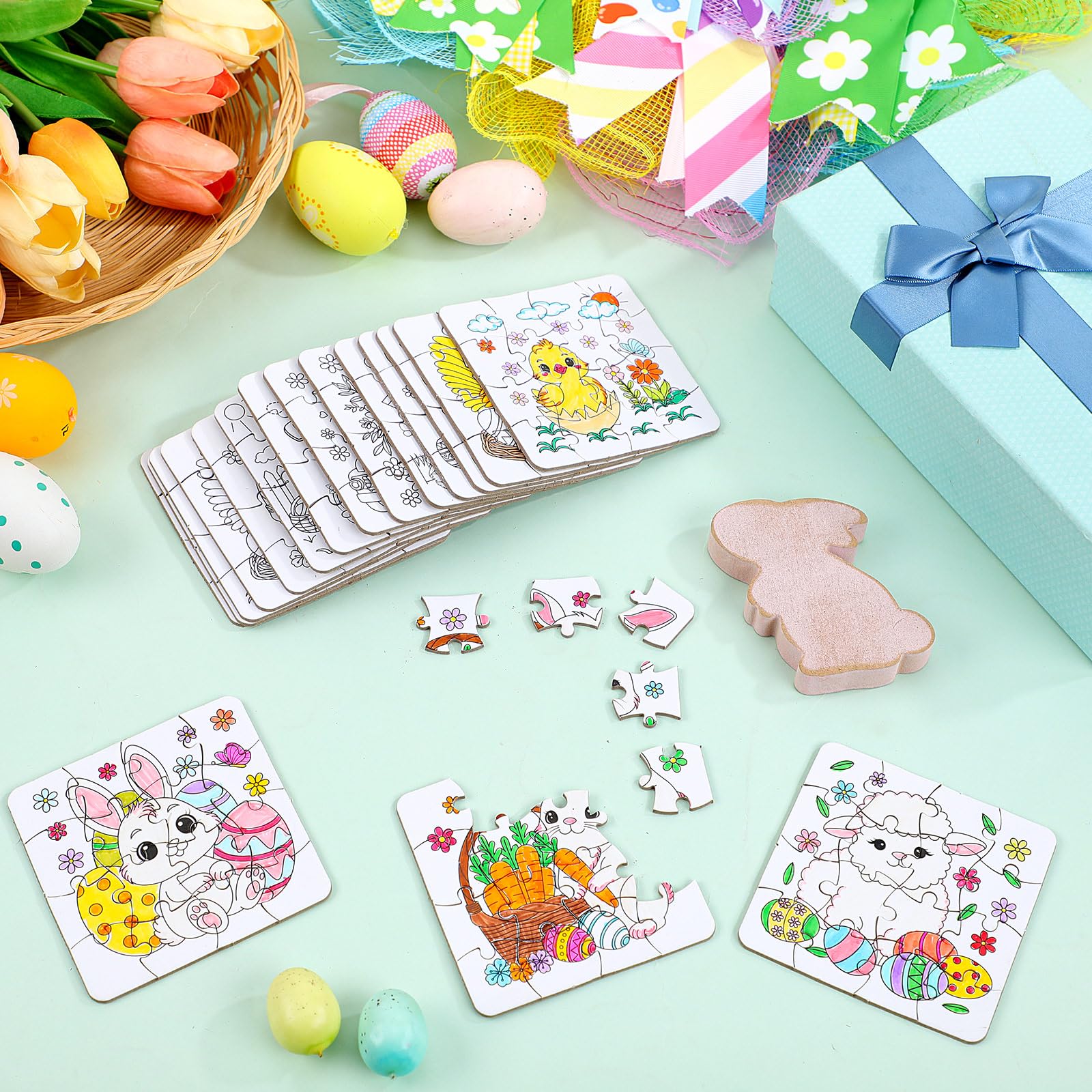 Realspring 24 Pack Color Your Own Jigsaw Puzzles for Kids Coloring Puzzles DIY Paper Jigsaw Bulk Party Favors Gifts Exchange Classroom Activities Home Educational Game Toy (Bunny)