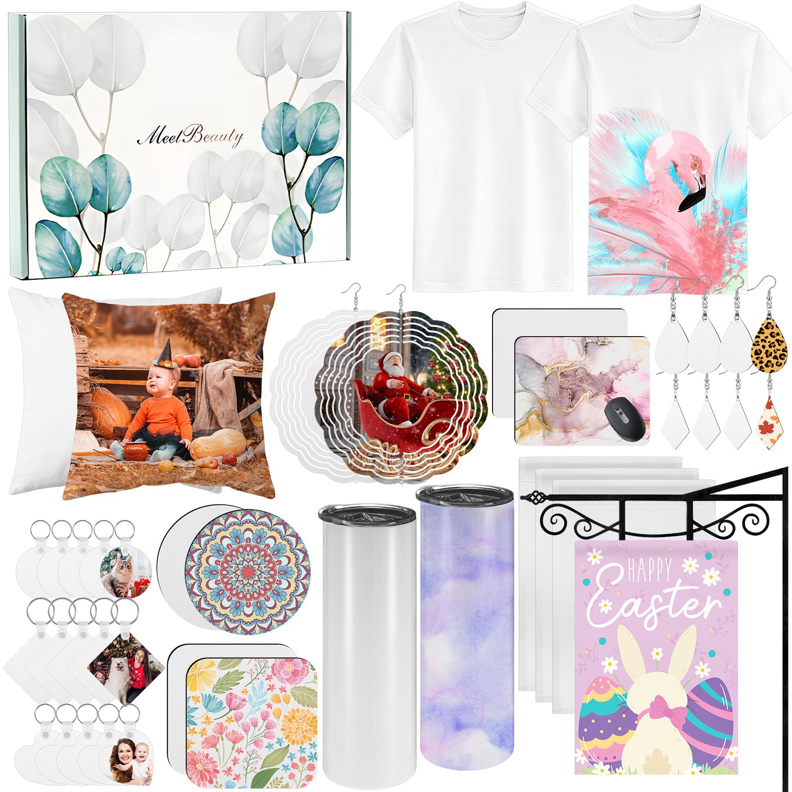Menkxi 42 Pcs Sublimation Products Set Include Blanks 20 oz Tumblers Wind Spinners T Shirts Keychain Earring Pillow Cover Mouse Pad Coaster Garden Flag Gift Box for DIY Transfer Heat Press Printing