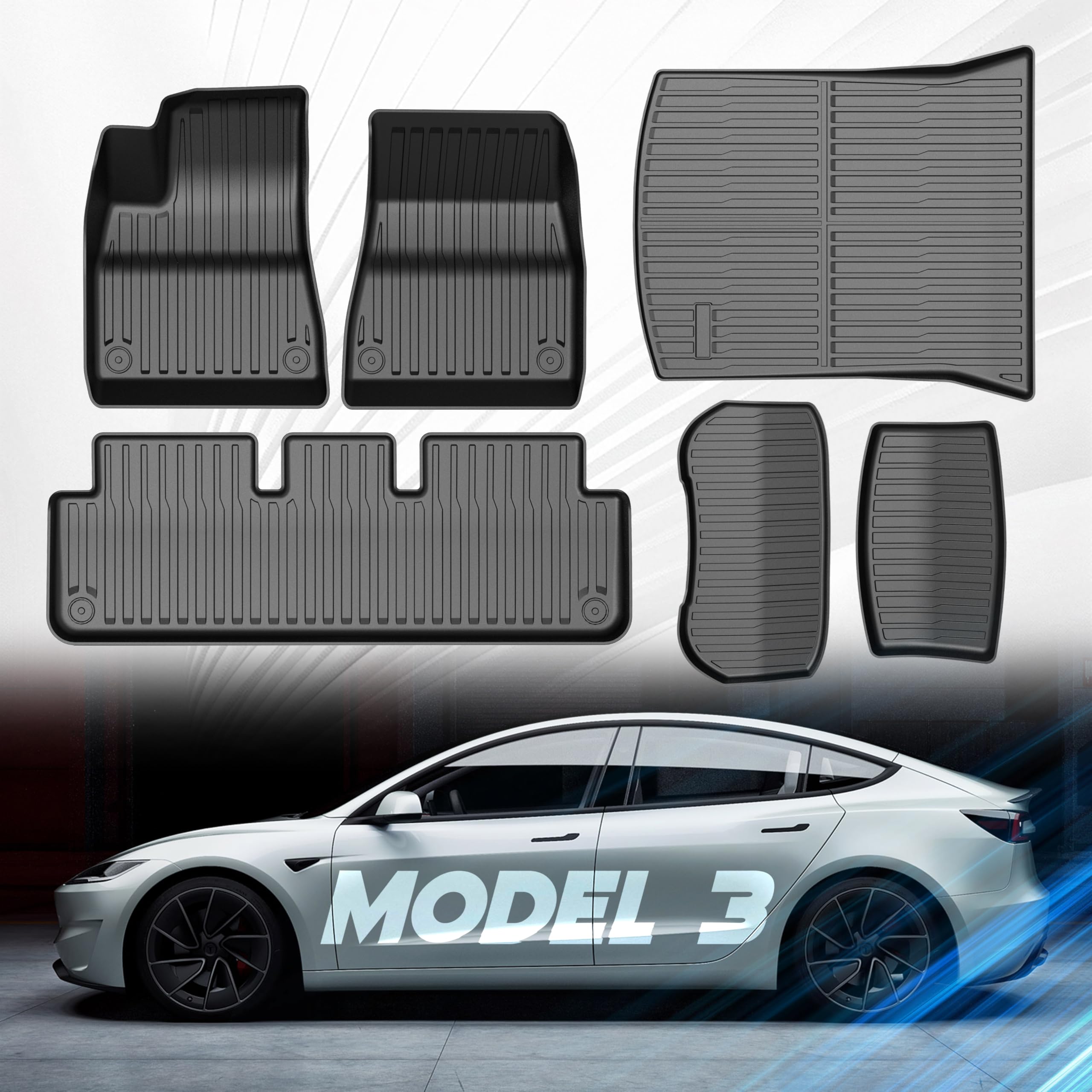SSESS Car Floor Mats for Tesla Model 3 2024 2025,TPE All Weather Protection Floor Mats Set (6 Pieces),Custom Fit Cargo Liner Cargo Trunk Accessories,Heavy Duty Accessories,Black