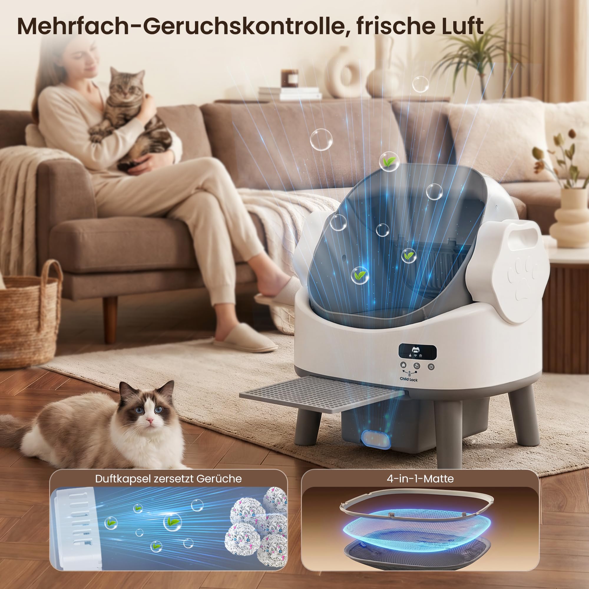 JUMMICO Selbstreinigende Katzentoilette, Automatisches Katzenklo für große Katzen bis 10kg, Elektrisches Katzentoilette mit Sicherheitsschutz & Geruchsbeseitigung,Ideal für Mehrkatzenhaushalte