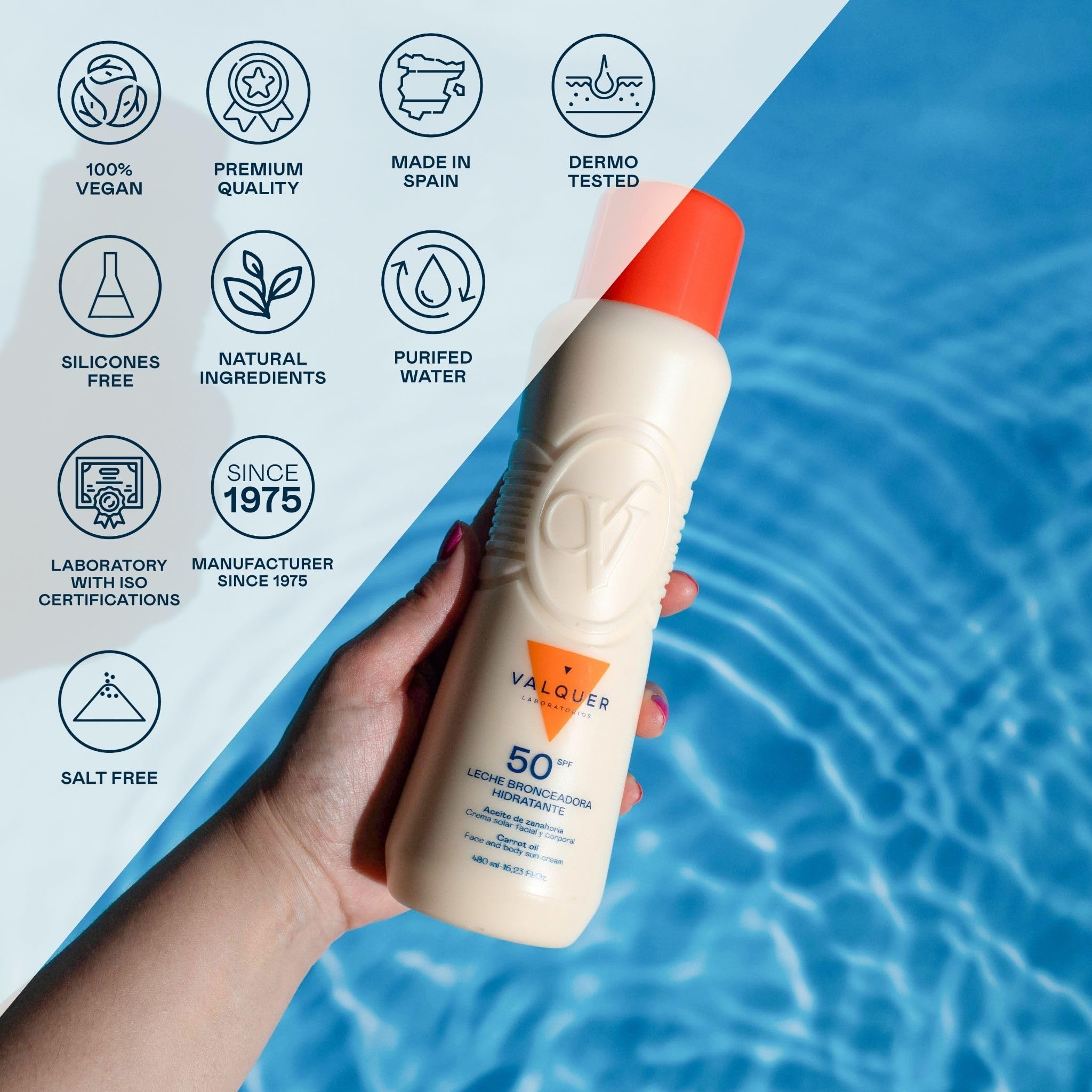 VALQUER Leche Bronceadora Hidratante de Zanahoria SPF 50 | Crema Protectora Solar Facial y Corporal contra Rayos UV | Antioxidante y Regeneradora con Vitamina E | Bronceado Natural | 480 ml
