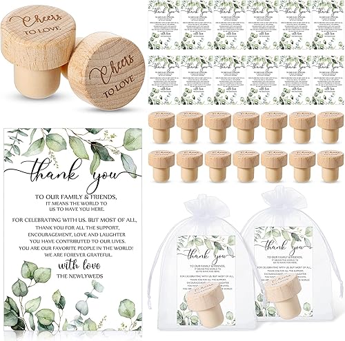 Recuerdos de boda Corchos de vino con tapón de vino de madera vegetal, regalos de boda, tarjetas de agradecimiento, bolsa de organza blanca, tapón disponible en Yaxa Colombia