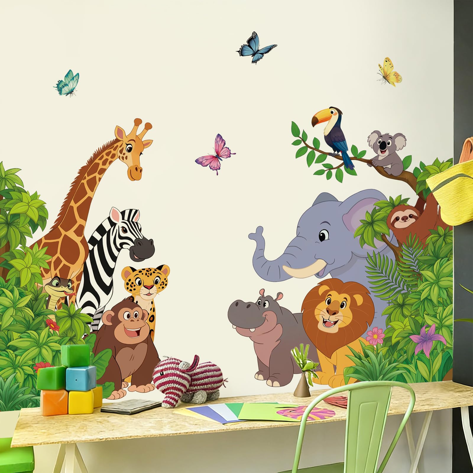 Adesivi Murali Animali della Giungla Decorativi per Cameretta Bambini Porte Armadio