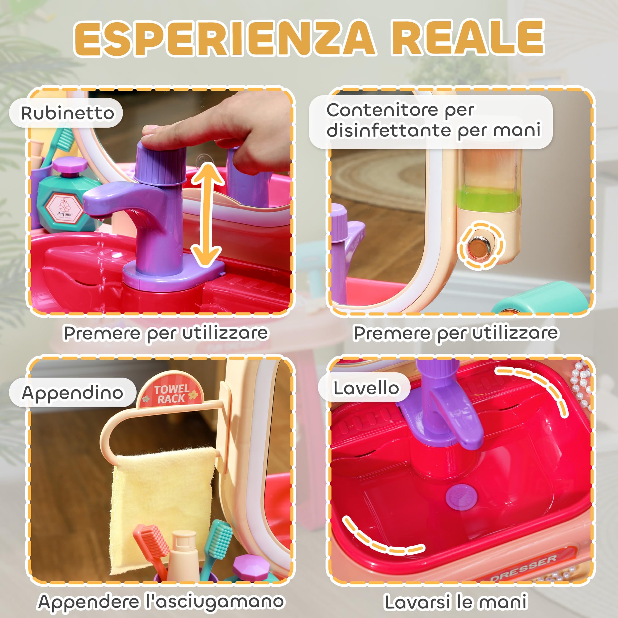AIYAPLAY Tavolo Toeletta per Bambine 3-6 Anni con Specchio in Acrilico e Rubinetto, Gioco per Bambini in Plastica, 55x29x71 cm, Rosa