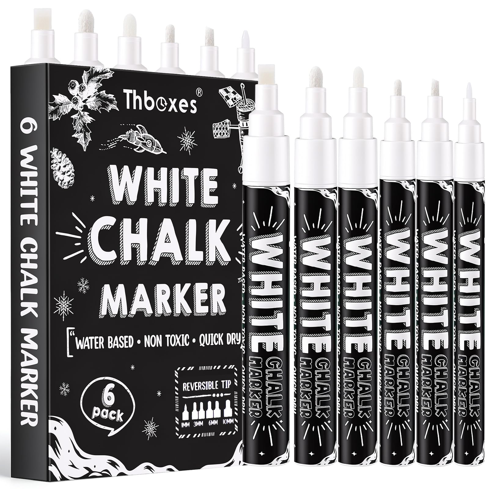 Thboxes 6 Pack White Liquid Chalk Pens, 1/3/6/10mm Tips