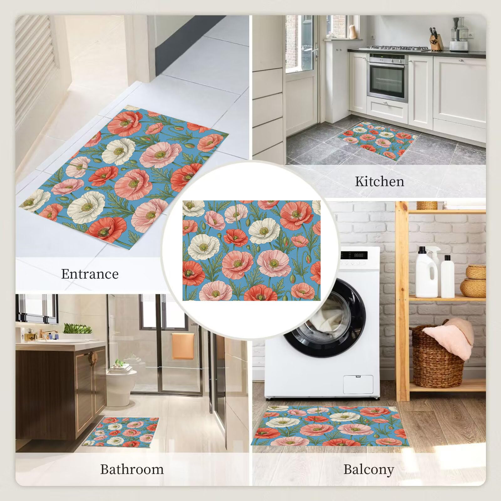 Felpudo Ultrafino para Interiores, 90X150Cm, Flor De Amapola Japonesa Alfombra Antideslizante Lavable para Entrada, Plantas Naturales Frescas Felpudo De Perfil Bajo, Atrapa Suciedad, Azul
