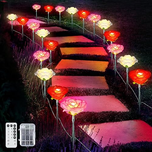Miniatura 1 de Enhon Luces de camino de flores para el día de San Valentín, 8 modos de luces de estaca de flores cálidas rojas y rosas, 16.5 pies, 20 luces LED