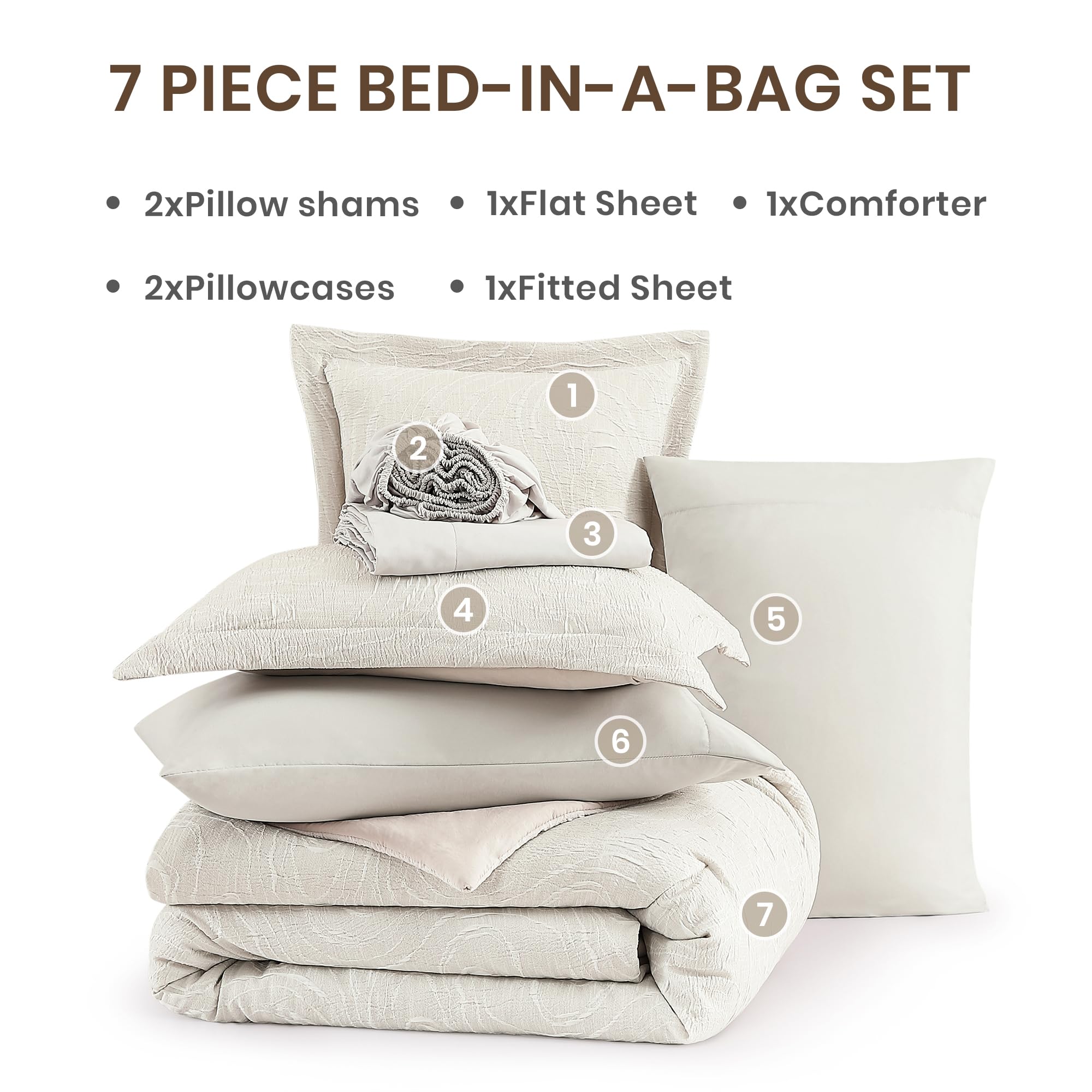 Monbix Queen Comforter Set - 7 Pieces Cationic Dyeing Olive Green Bed in a Bag Queen Bedding Sets with Comforter, Sheets, Pillowcases & Shams, Reversible Bedding Comforters Sets: Pebble 7Piece-Queen(90”X90'')