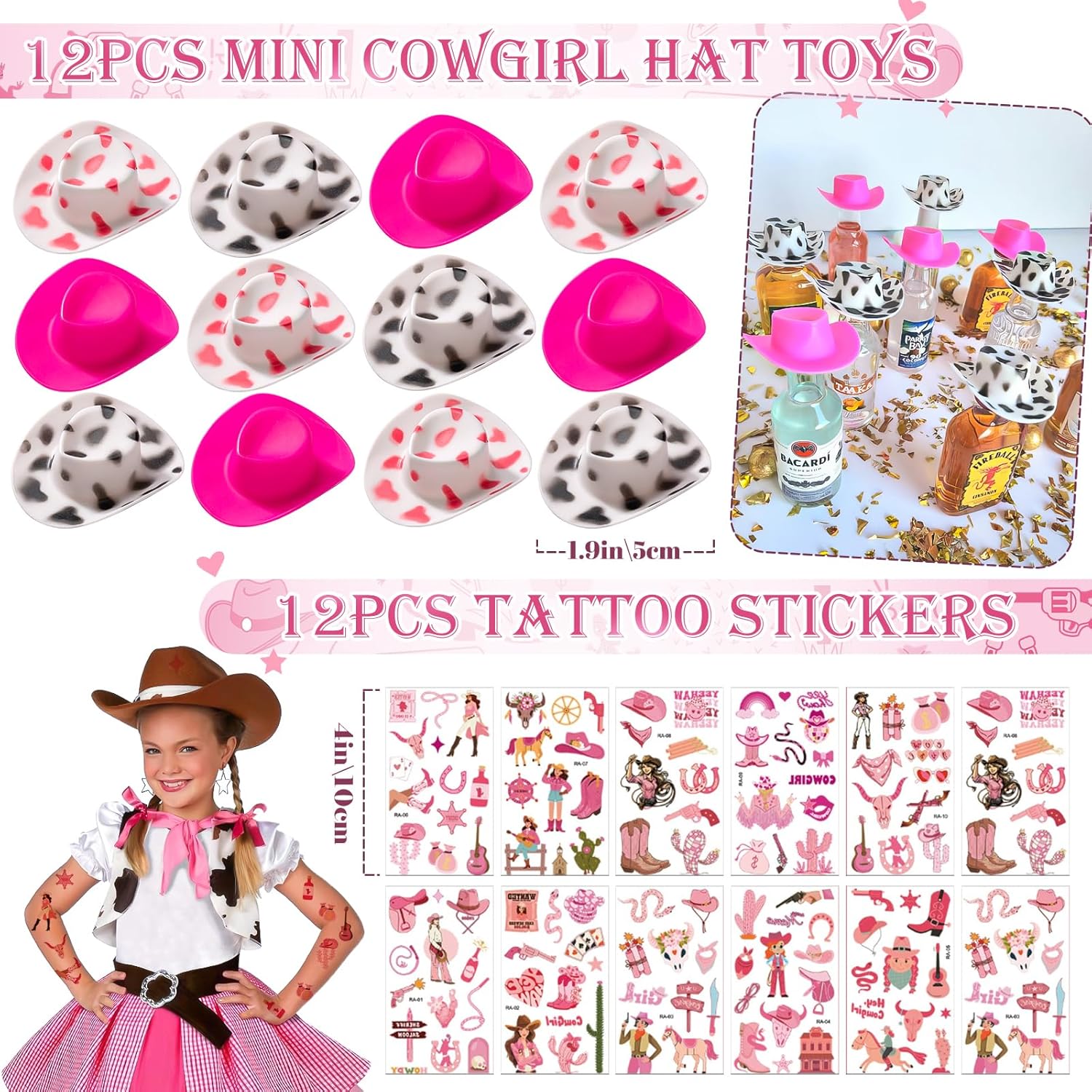 Winrayk 124Pcs Cowgirl Party Favors Hot Pink Birthday Supplies for Girls, Gift Bags Straws Silicone Wristband Mini Hat Keychain Tattoo Sticker, Hot Pink Rodeo Horse Disco Cowgirl Party Favors Supplies