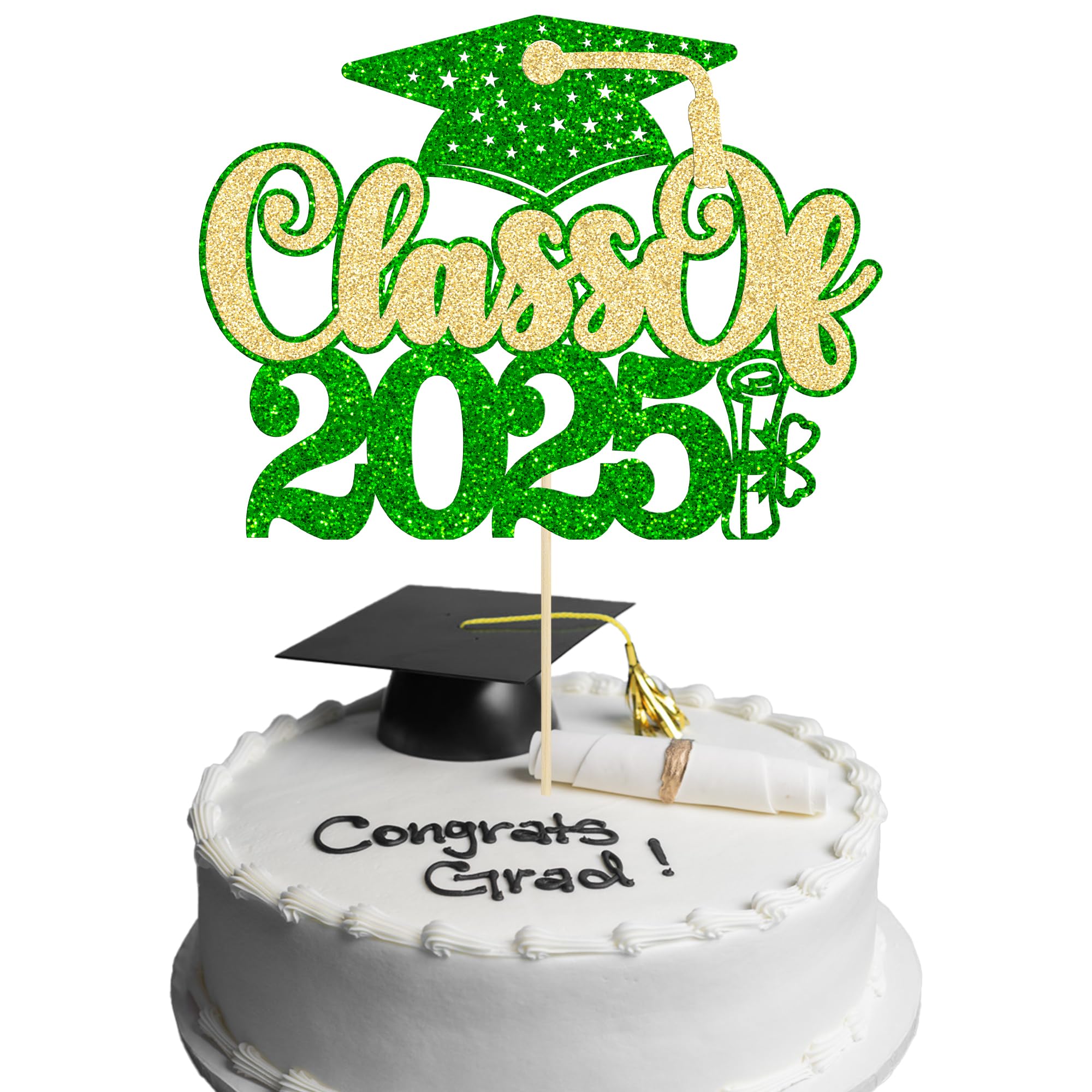 Gyufise 1Pc Class of 2026 Cake Topper Black Glitter 2026 Graduation Cake Pick Congrats Grad Cap 2026 Cake Decoration for 2026 College Graduation Theme Party Decorations Supplies Green Gold
