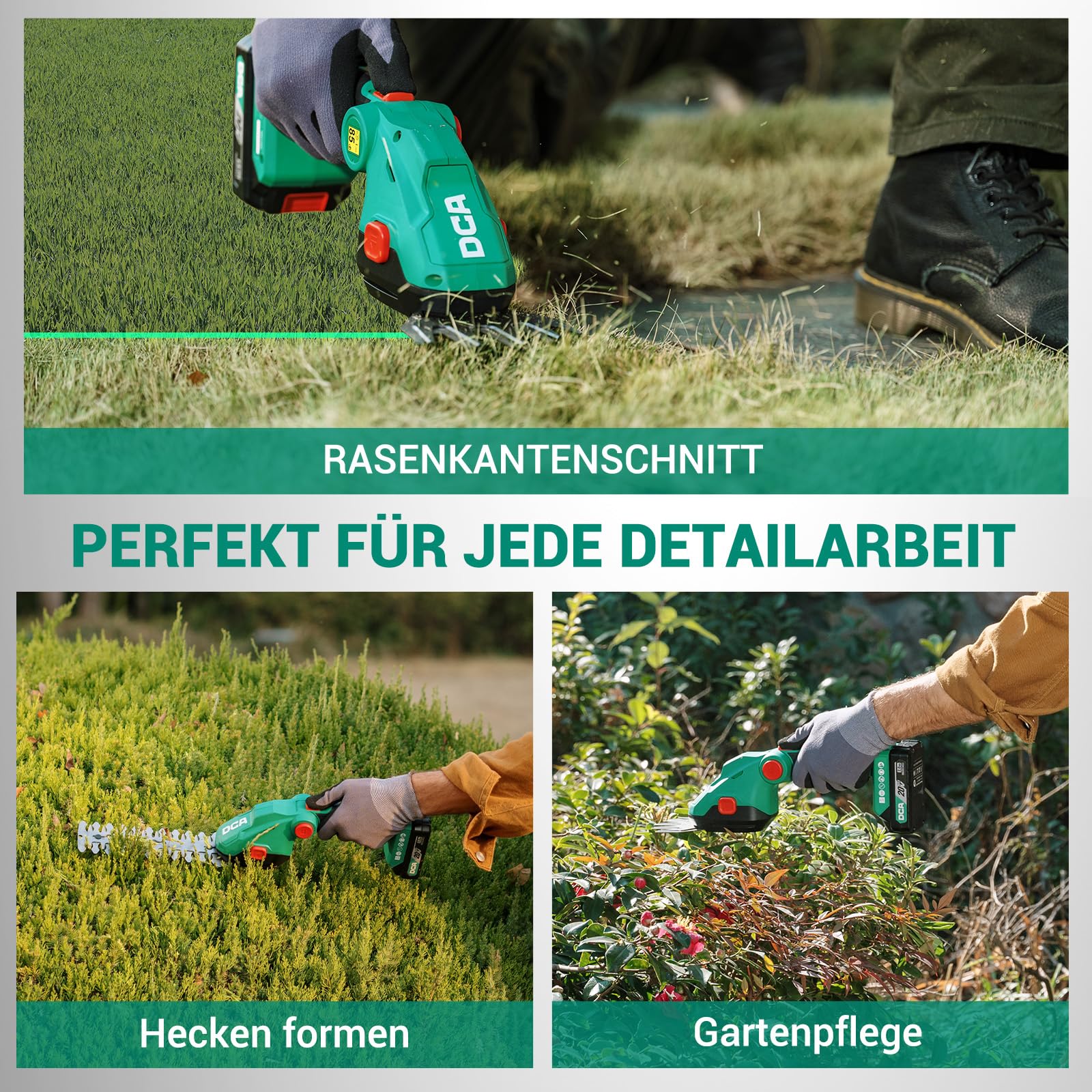DCA 20V Akku Grasschere und Strauchschere 2-in-1 Rasenkantenschneider | 100mm Grasscherenblatt & 200mm Heckenscherenblatt, 2.0Ah Akku, 3-fach verstellbarer Schneidwinkel