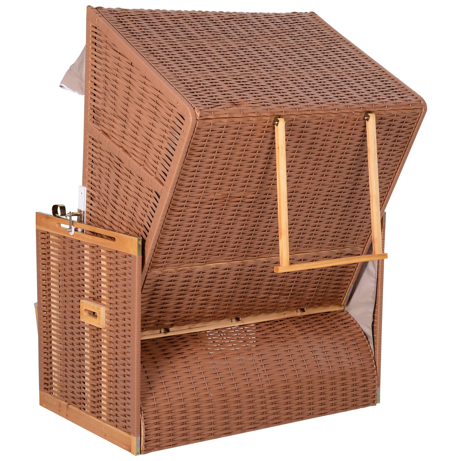 Outsunny Corbeille de Plage 2 Places - Cabine Chaise de Plage inclinable - abri Plage strandkorb - Coussins, Repose-Pieds, tablettes, Pare-Soleil - Bois résine tressée Polyester Taupe