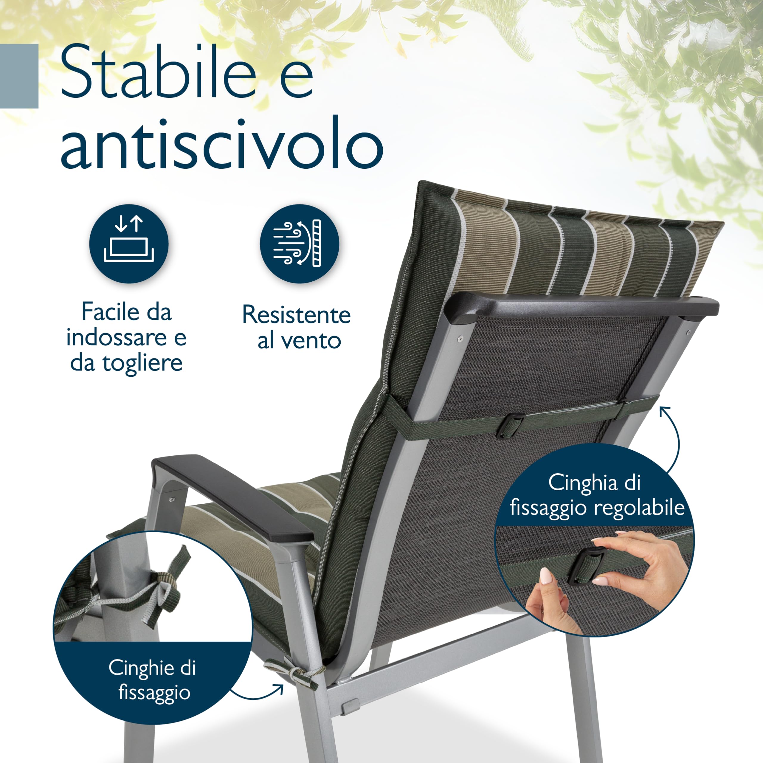 Set di 4 Cuscini Schienale Basso 100x50 cm Verde a Righe Spessore 8cm per Sedia Giardino Resistente UV Antiscivolo