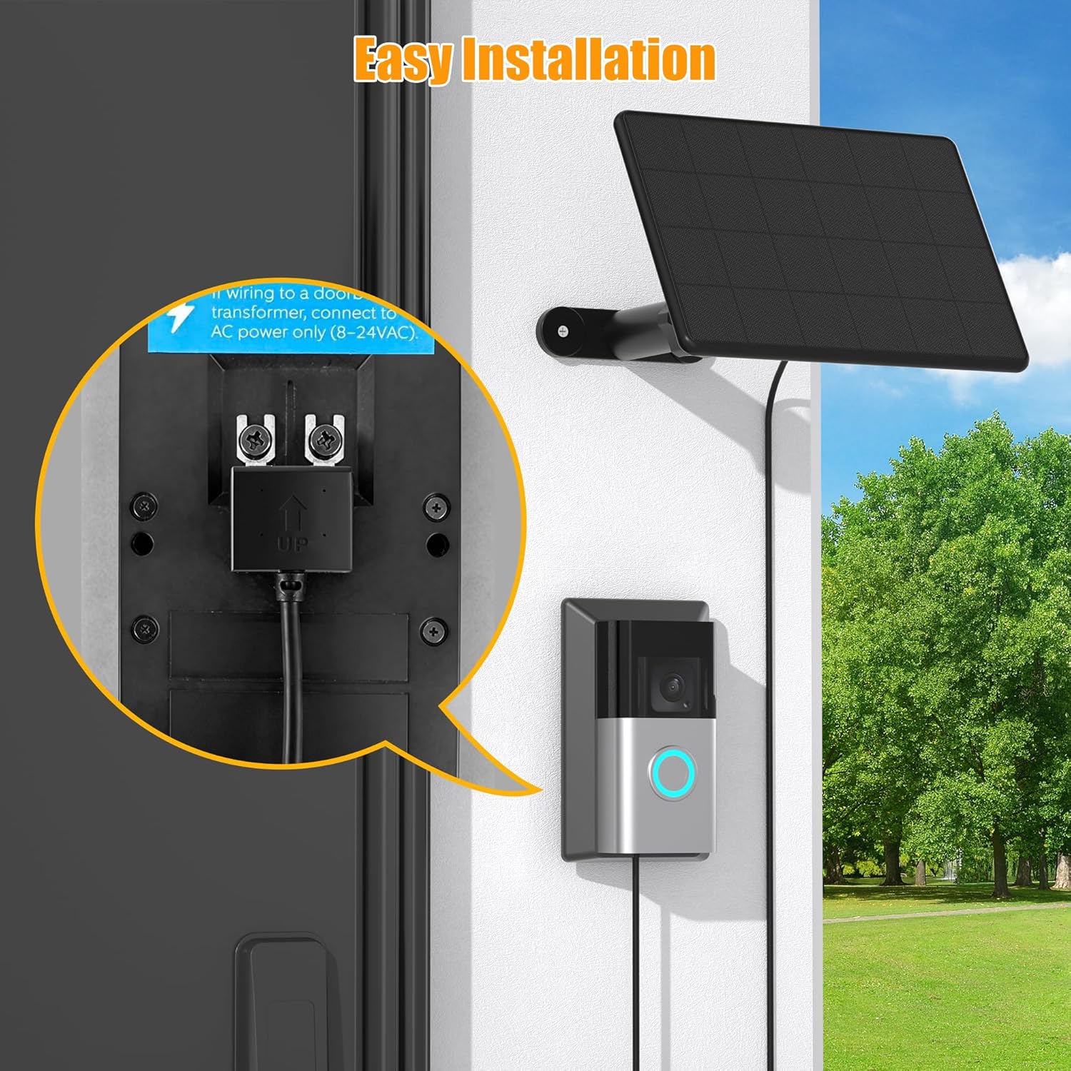 Solar Panel Charger for Ring Video Doorbell 3/3+/4, Battery Doorbell Plus/Pro with Mount Stand, 2-Prong Port, Solar Charger 10ft Charging Cable, 6W Waterproof Solar Panel, 5.9-8.7in Adjustable Mount