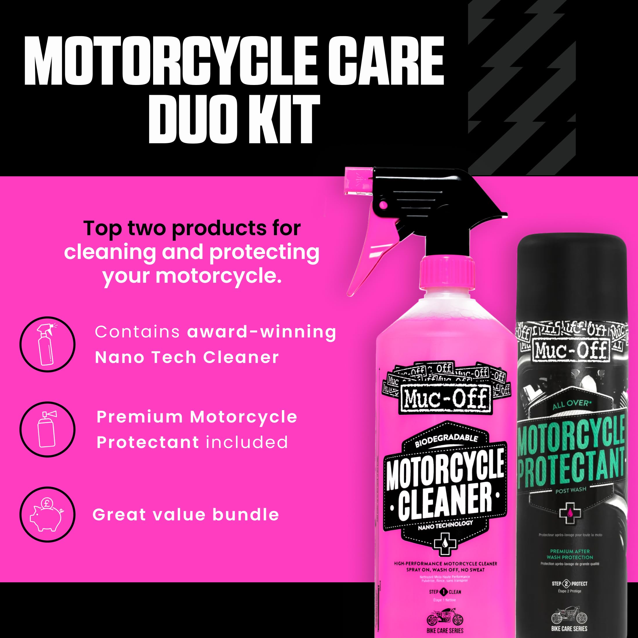 Muc-Off Motorcycle Care Duo Kit - Kit Pulizia Moto per Pulire e Proteggere la tua Moto - Include 1 l di Detergente Moto e 500 ml di Spray Protettivo Moto