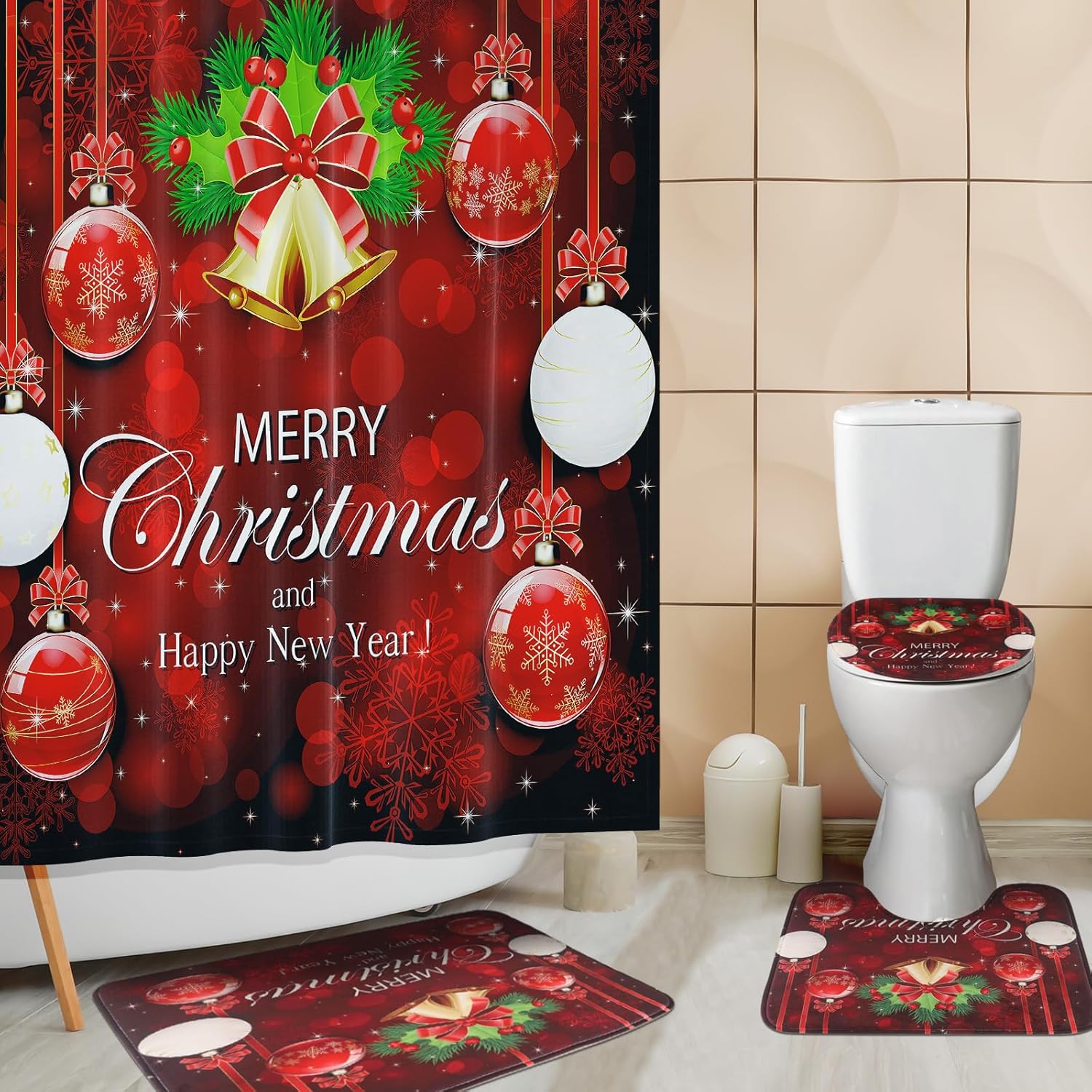 4pcs Christmas Shower Curtain Sets with Non-Slip Rugs Toilet Lid Cover Bath Mat Christmas Bells Bow Shower Curtain Sets Winter Red Xmas Snowflake Pattern Holiday Christmas Bathroom Decor