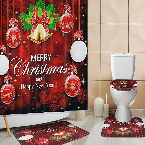Miniatura 9 de Juego de 4 cortinas de ducha de Navidad con alfombras antideslizantes, cubierta de tapa de inodoro y alfombrilla de baño, juego de cortinas de ducha