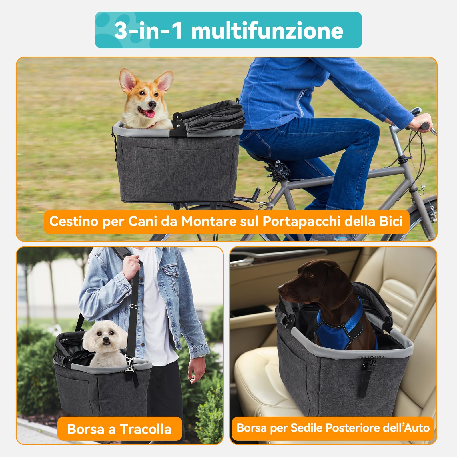 Cestino Posteriore Pieghevole per Cani Gatti fino a 12KG con Telaio in Metallo, Montaggio Rapido, Finestra a Rete, Cuscino Morbido, Strisce Riflettenti Adatto per Bici