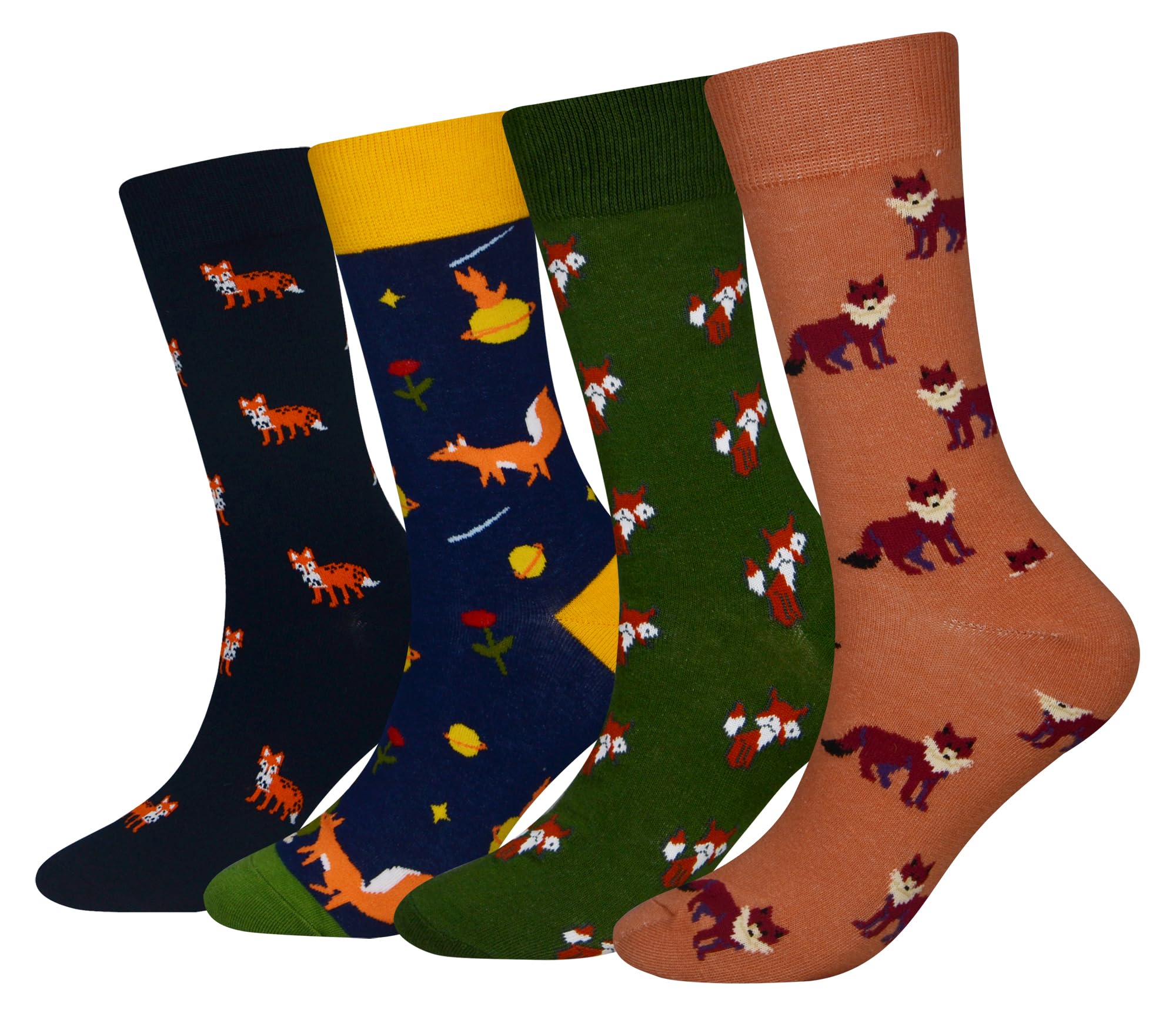 Cansok Men's Animal Fox Socks Gift Funky Novelty Dress Crew Socks (Fox - 4 pairs)