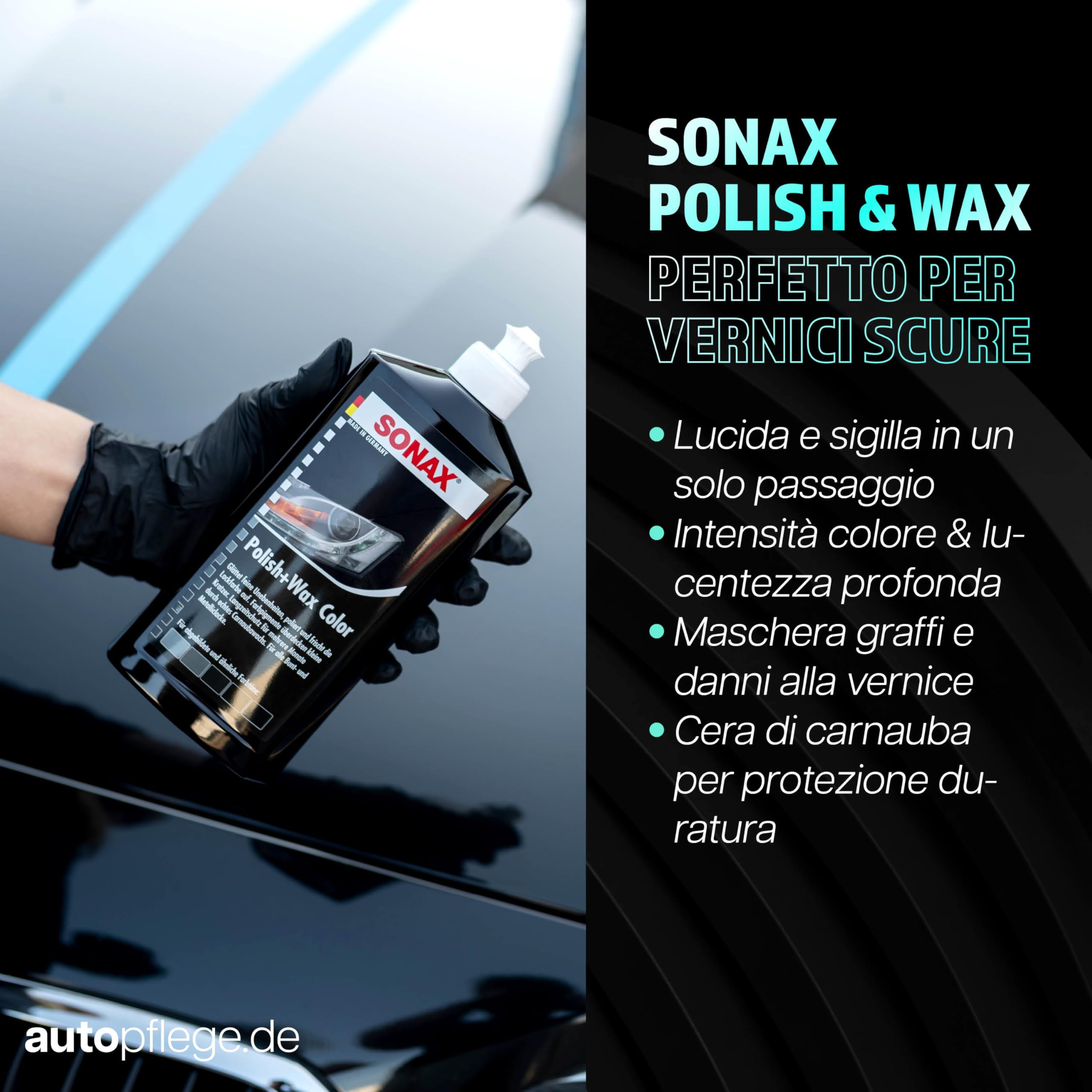 Set di lucidatura per auto | Sonax Polish & Wax Color Nero 250ml Lucidante per auto + Spugna per lucidatura + Panno lucidante | Pasta lucidante per vernici metallizzate scure per rimuovere piccoli