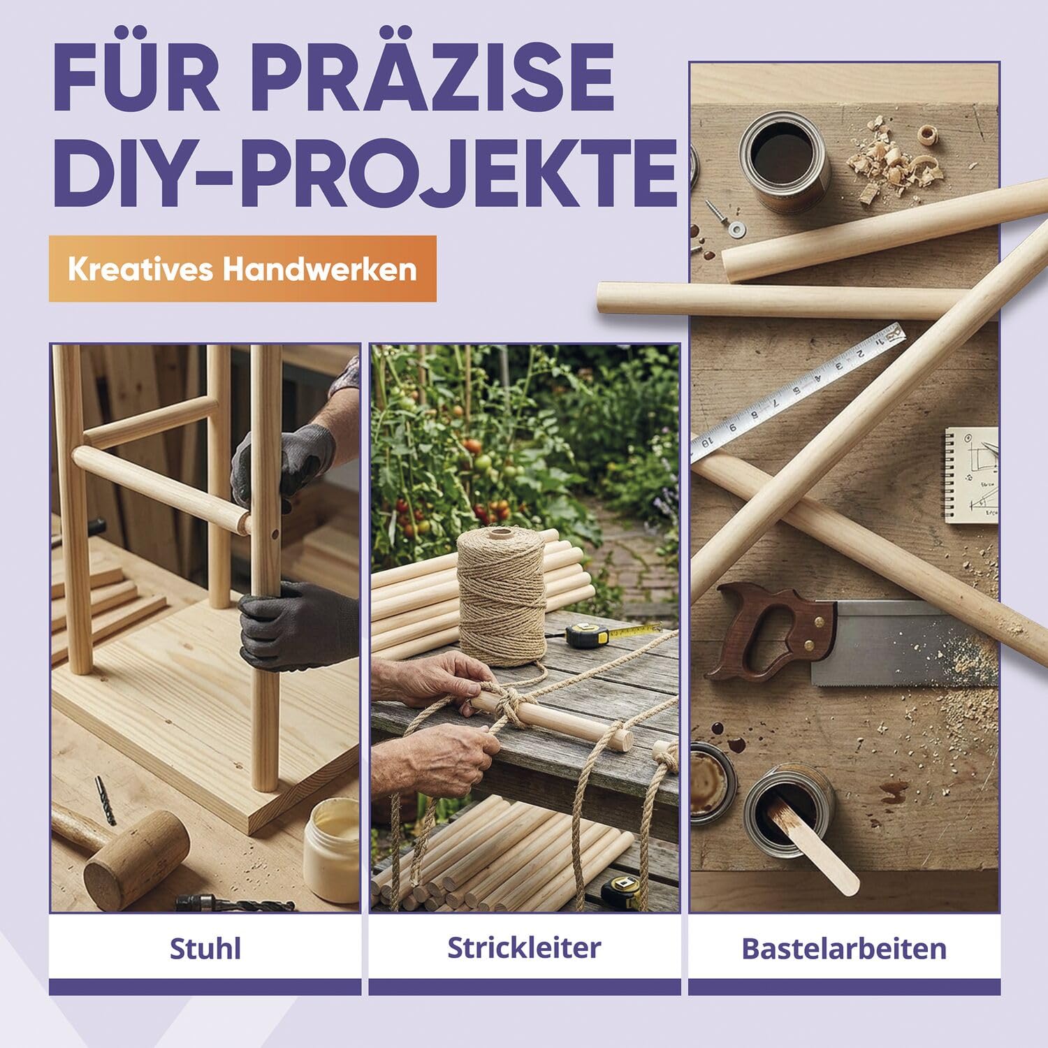 vasalat Lot de 6 baguettes en bois de hêtre lisse pour le bricolage - 100 cm x 20 mm - Hêtre naturel